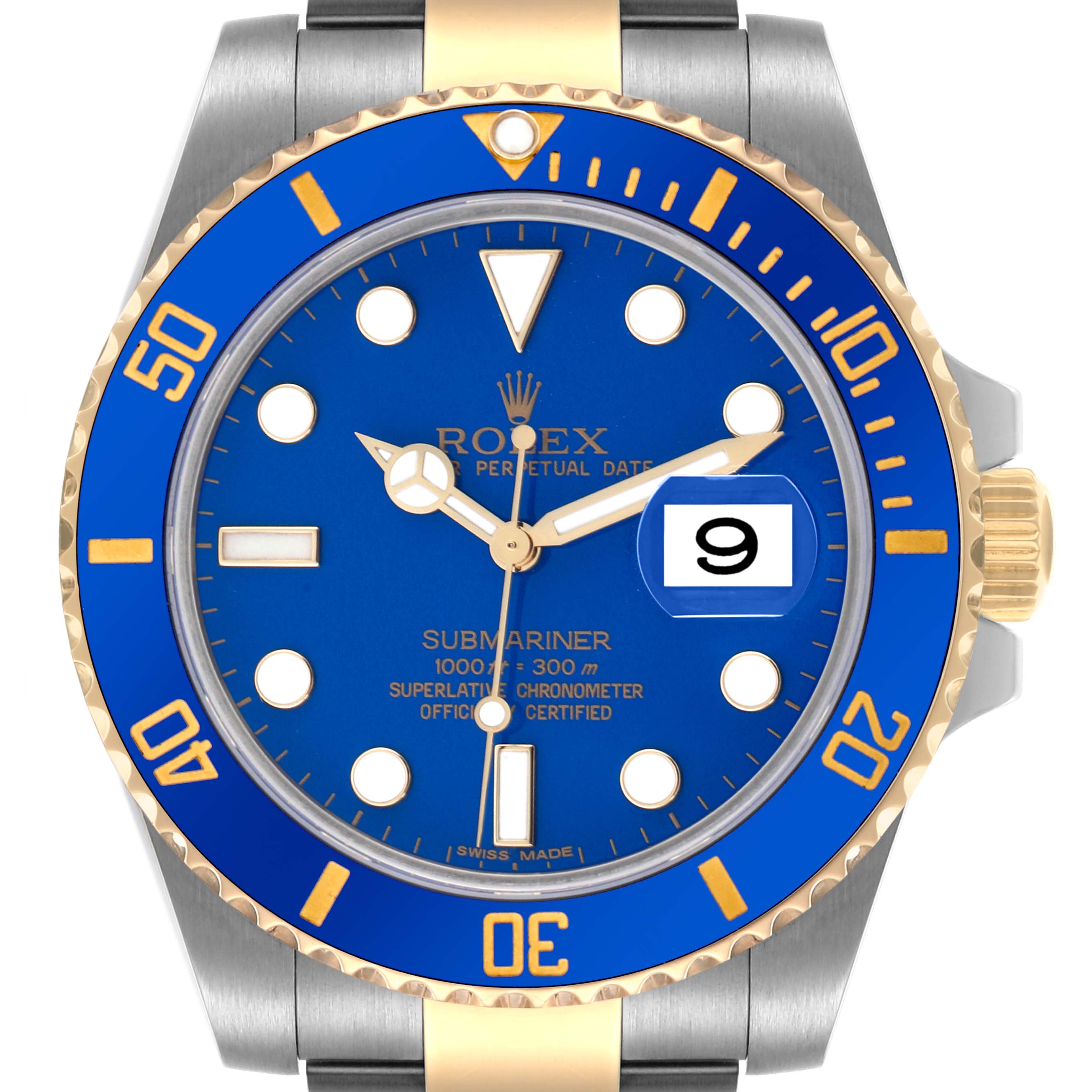 The image shows a front view of a Rolex Submariner 116613LB Men's Steel and Gold (two tone) Blue Dial 116613LB Men's Steel and Gold (two tone) Blue Dial, highlighting the blue bezel, dial, and gold accents.
