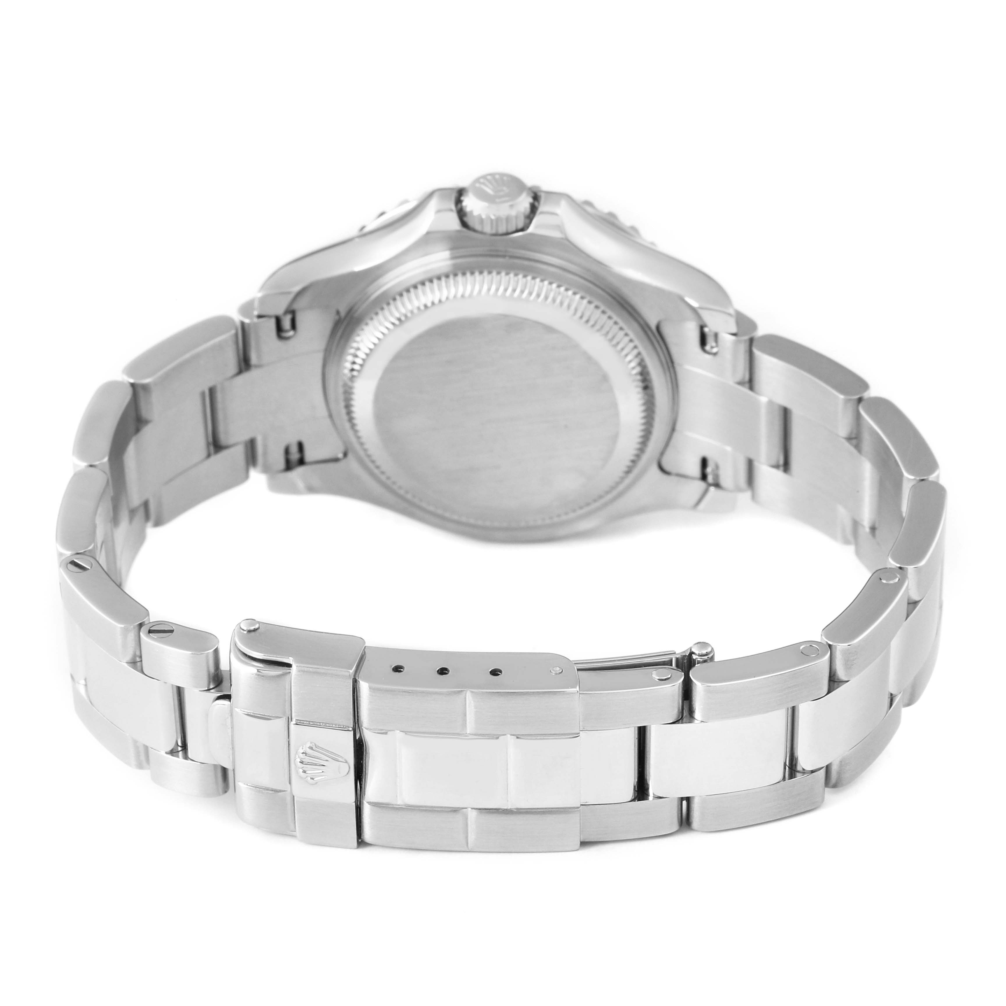The image shows the back and clasp of the Rolex Yacht-Master 169622 Women's Stainless Steel Silver Dial watch, highlighting the bracelet and caseback.