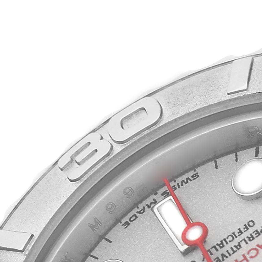 The image shows a close-up of the Rolex Yacht-Master 169622 Women's Stainless Steel Silver Dial watch, highlighting the bezel and part of the dial with markings.