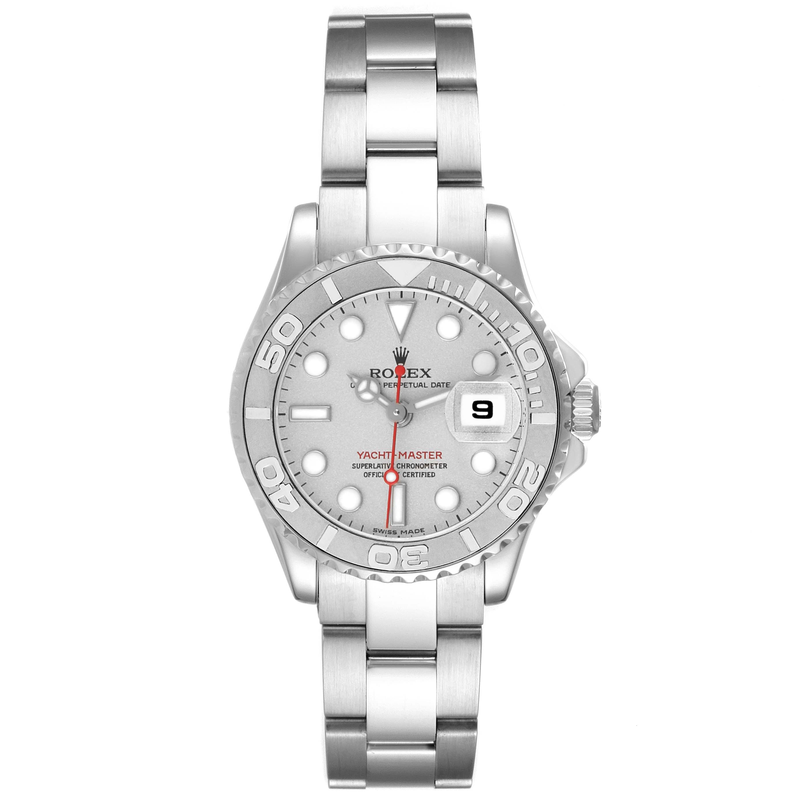 The Rolex Yacht-Master 169622 Women's Stainless Steel Silver Dial watch is shown from a top-down angle, displaying the bracelet, bezel, dial, and date window.