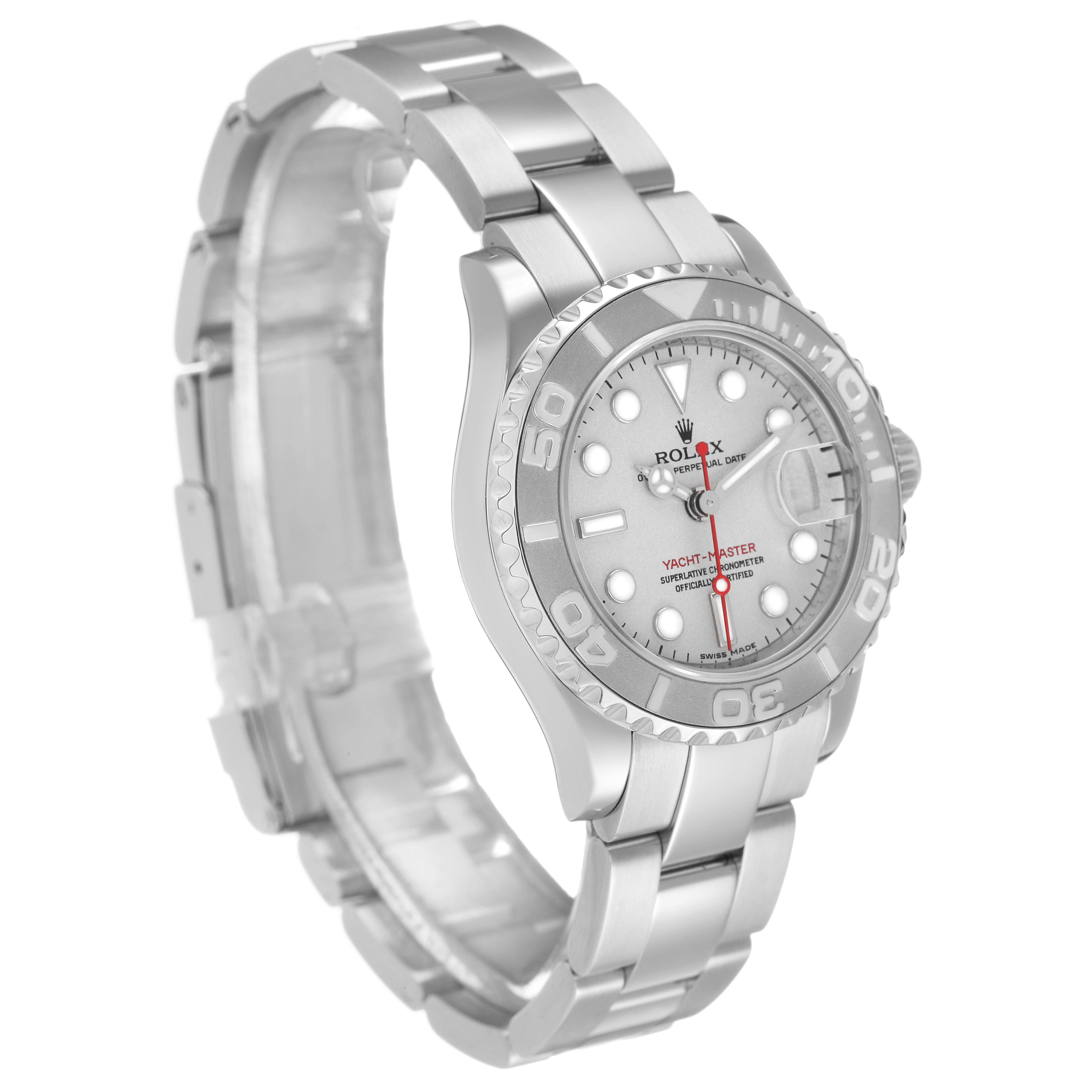 The Rolex Yacht-Master 169622 Women's Stainless Steel Silver Dial watch is shown at a three-quarter angle, displaying its face, bezel, and bracelet.