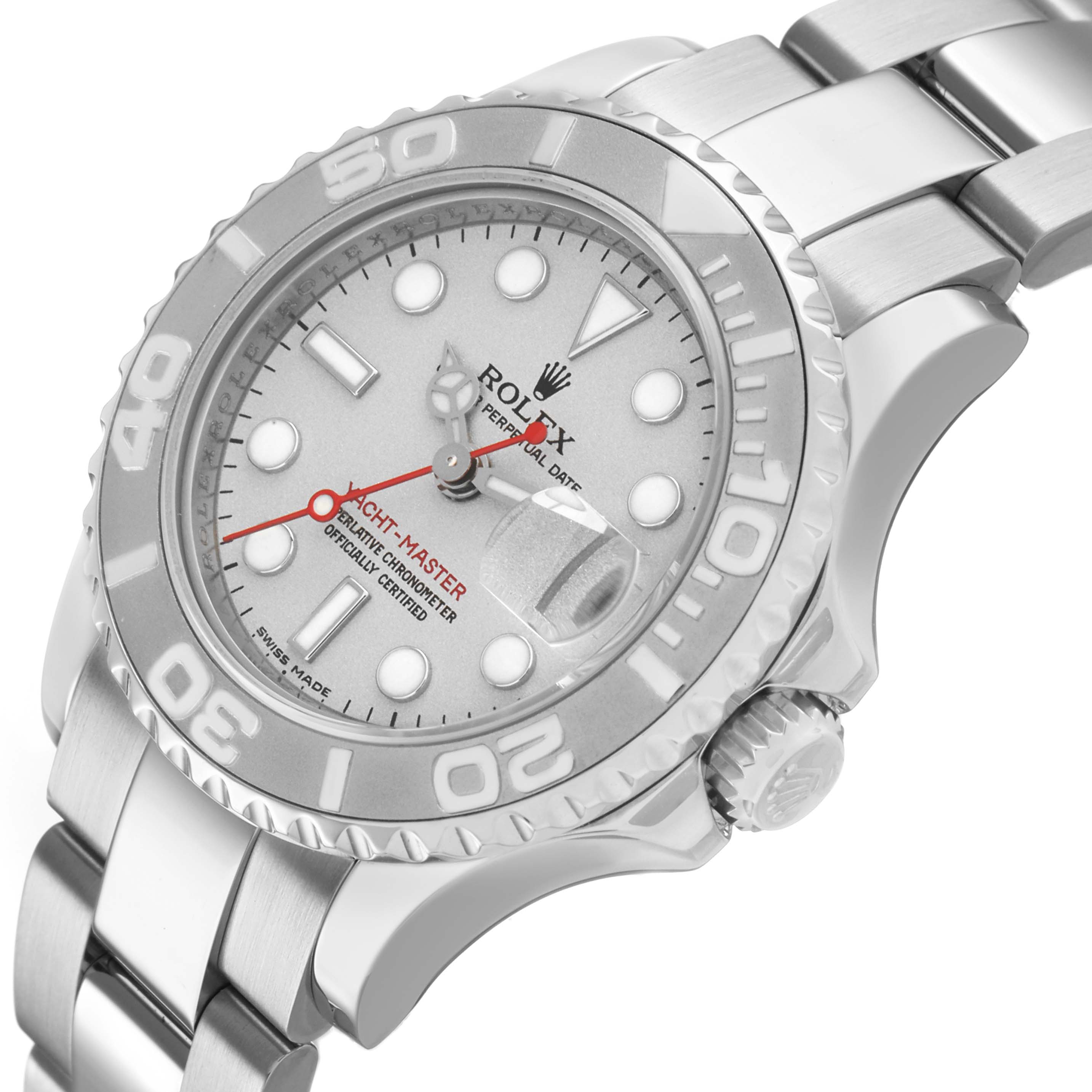 The Rolex Yacht-Master 169622 Women's Stainless Steel Silver Dial watch is shown at a slight angle, highlighting the dial, bezel, and part of the bracelet.