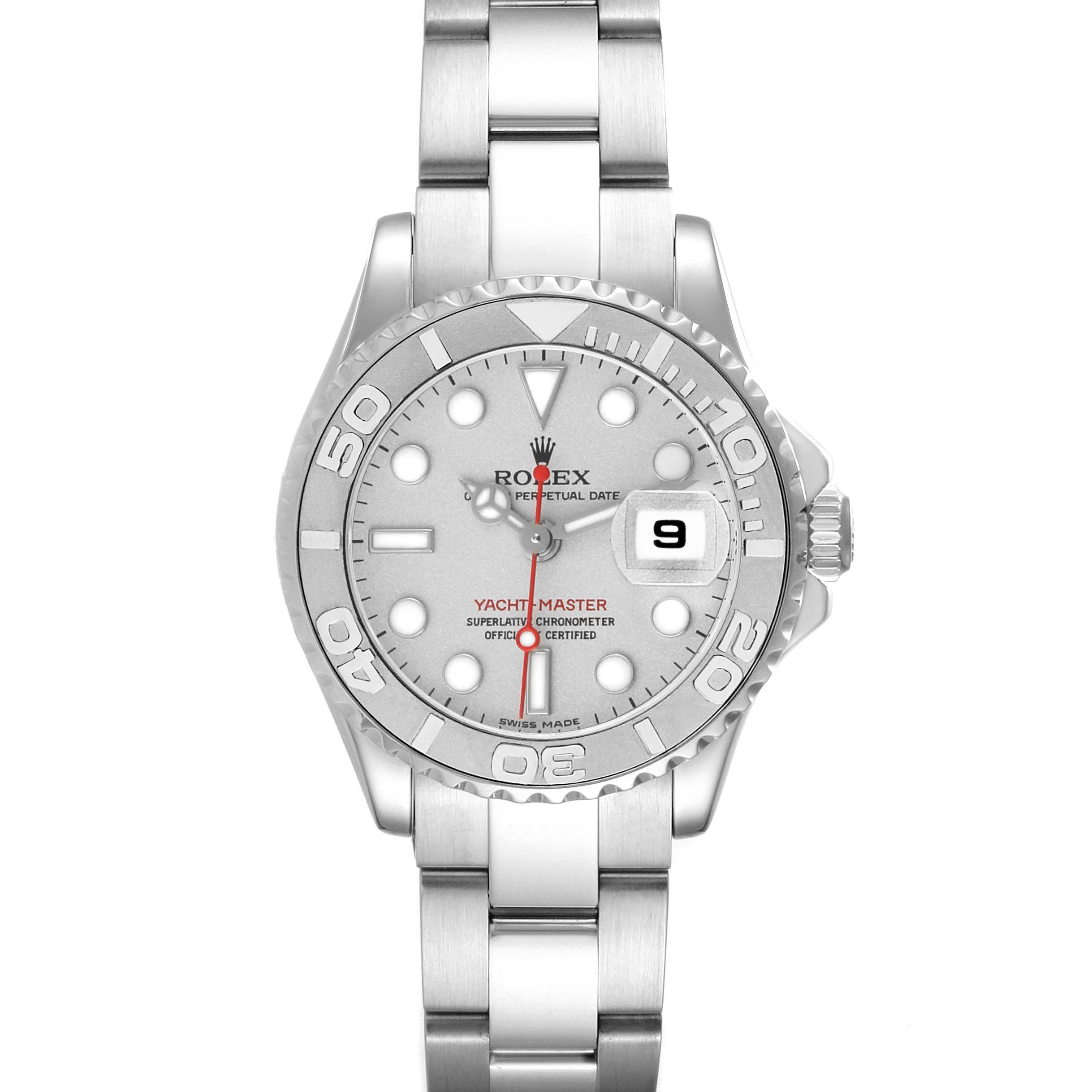 The Rolex Yacht-Master 169622 Women's Stainless Steel Silver Dial watch is shown from a front angle displaying the face, bezel, and part of the bracelet.