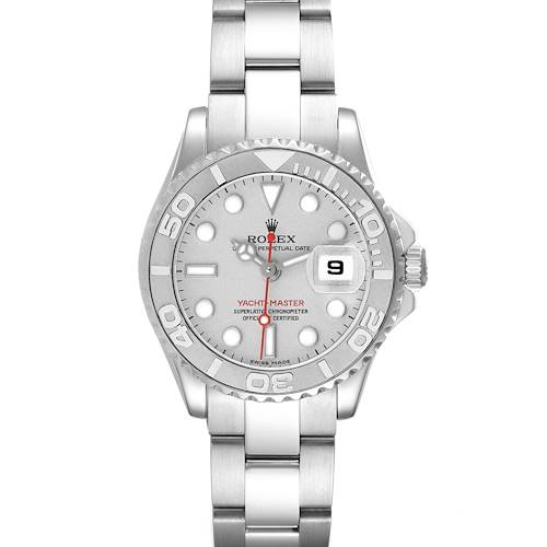 The Rolex Yacht-Master 169622 Women's Stainless Steel Silver Dial watch is shown from the front, displaying its dial, bezel, and bracelet.