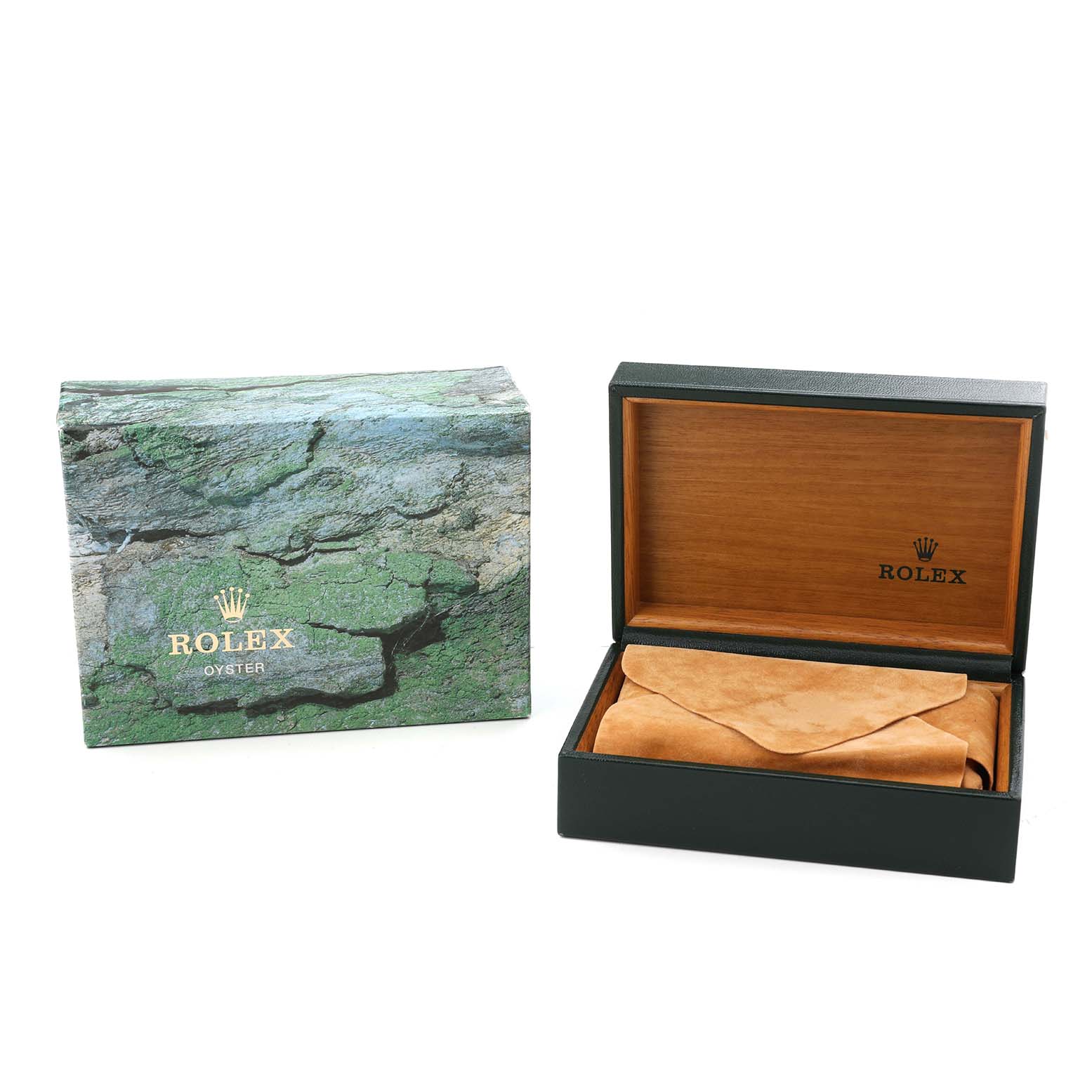 The image shows a Rolex Yacht-Master 169622 Women's Stainless Steel Silver Dial watch box and an open wooden case with a suede pouch inside.