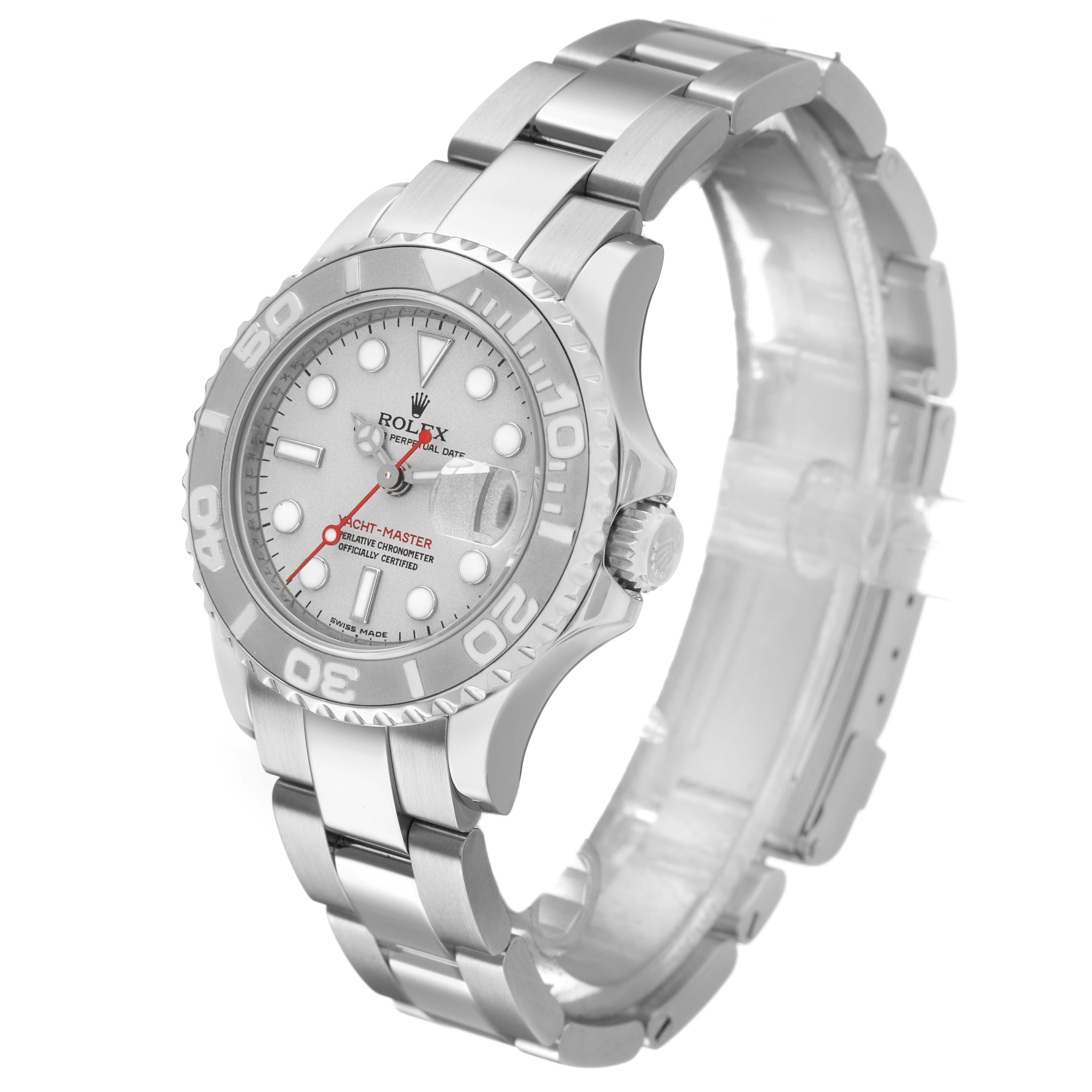 The Rolex Yacht-Master 169622 Women's Stainless Steel Silver Dial watch is shown at a three-quarter angle, displaying the dial, bezel, crown, and bracelet.