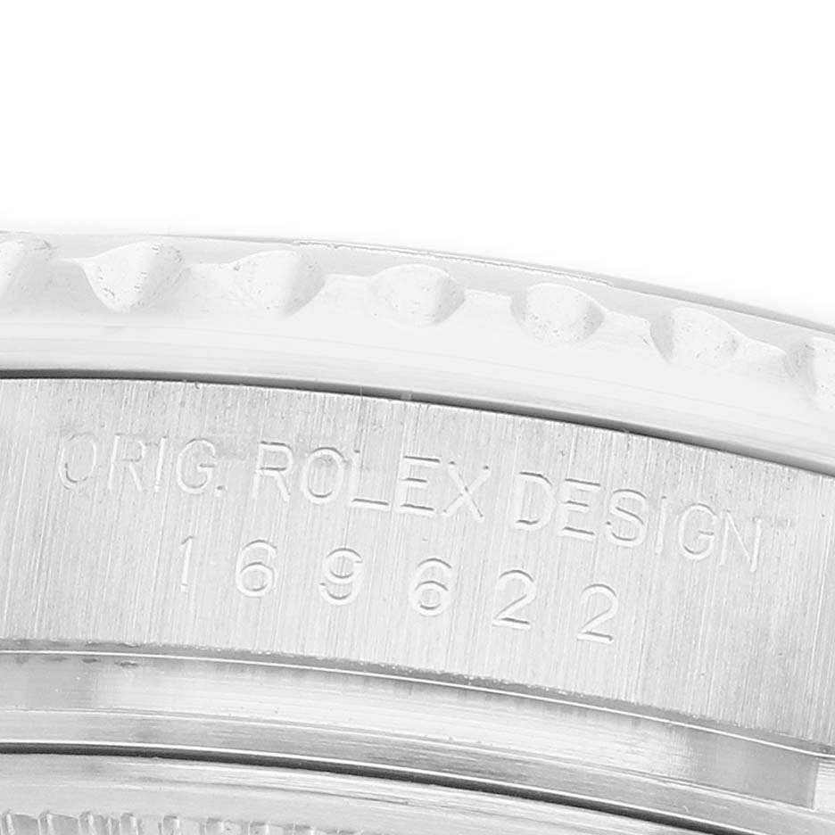 The image shows a close-up of the bezel and case side of a Rolex Yacht-Master 169622 Women's Stainless Steel Silver Dial, highlighting the model number engraving.