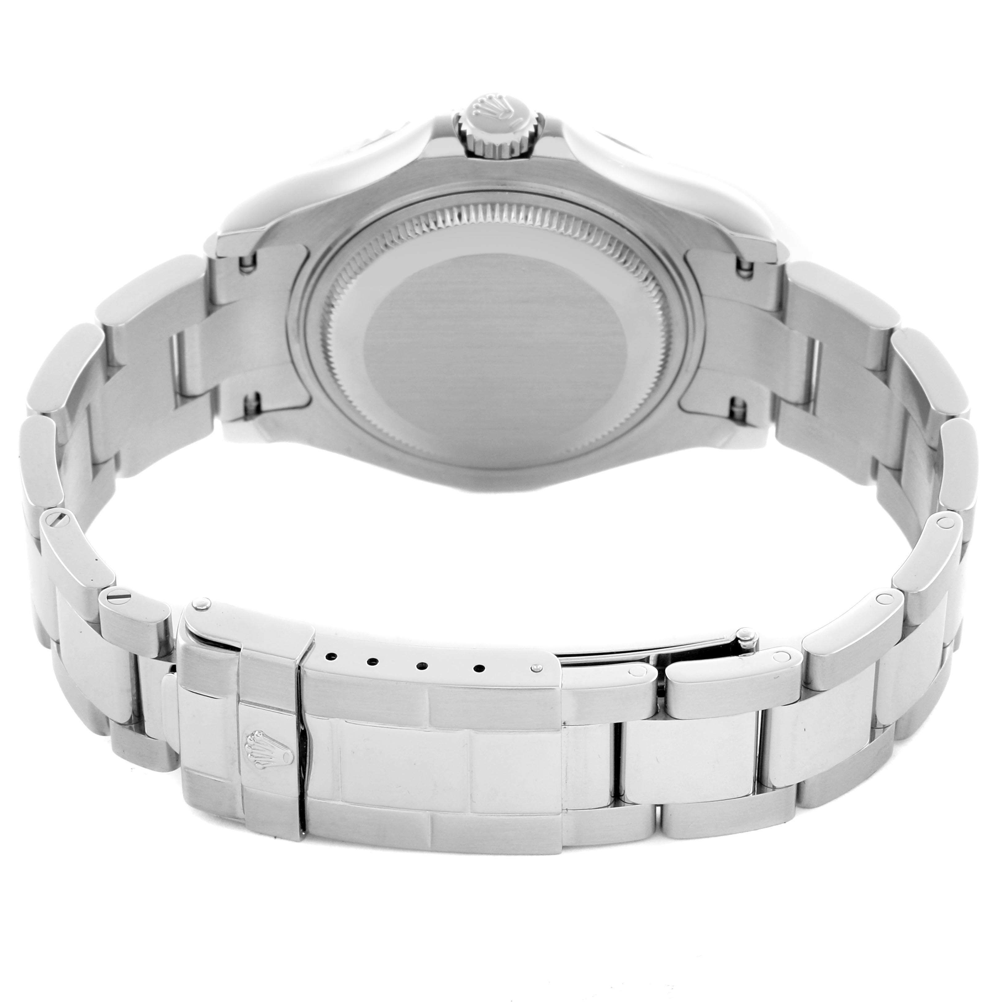 The image shows the back view of a Rolex Yacht-Master 168622 Men
s Stainless Steel Silver Dial 168622 Men
s Stainless Steel Silver Dial watch, highlighting the case back and metal bracelet clasp.