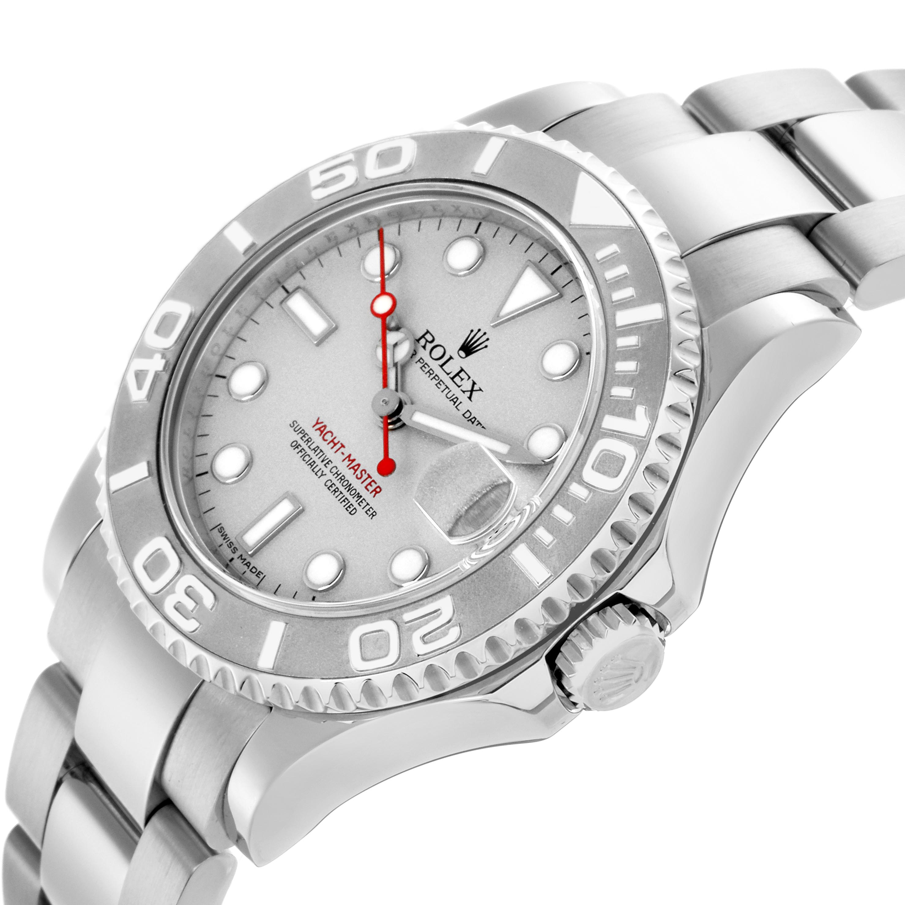 The Rolex Yacht-Master 168622 Men
s Stainless Steel Silver Dial 168622 Men
s Stainless Steel Silver Dial watch is shown at an angled view highlighting the dial, bezel, crown, and bracelet.