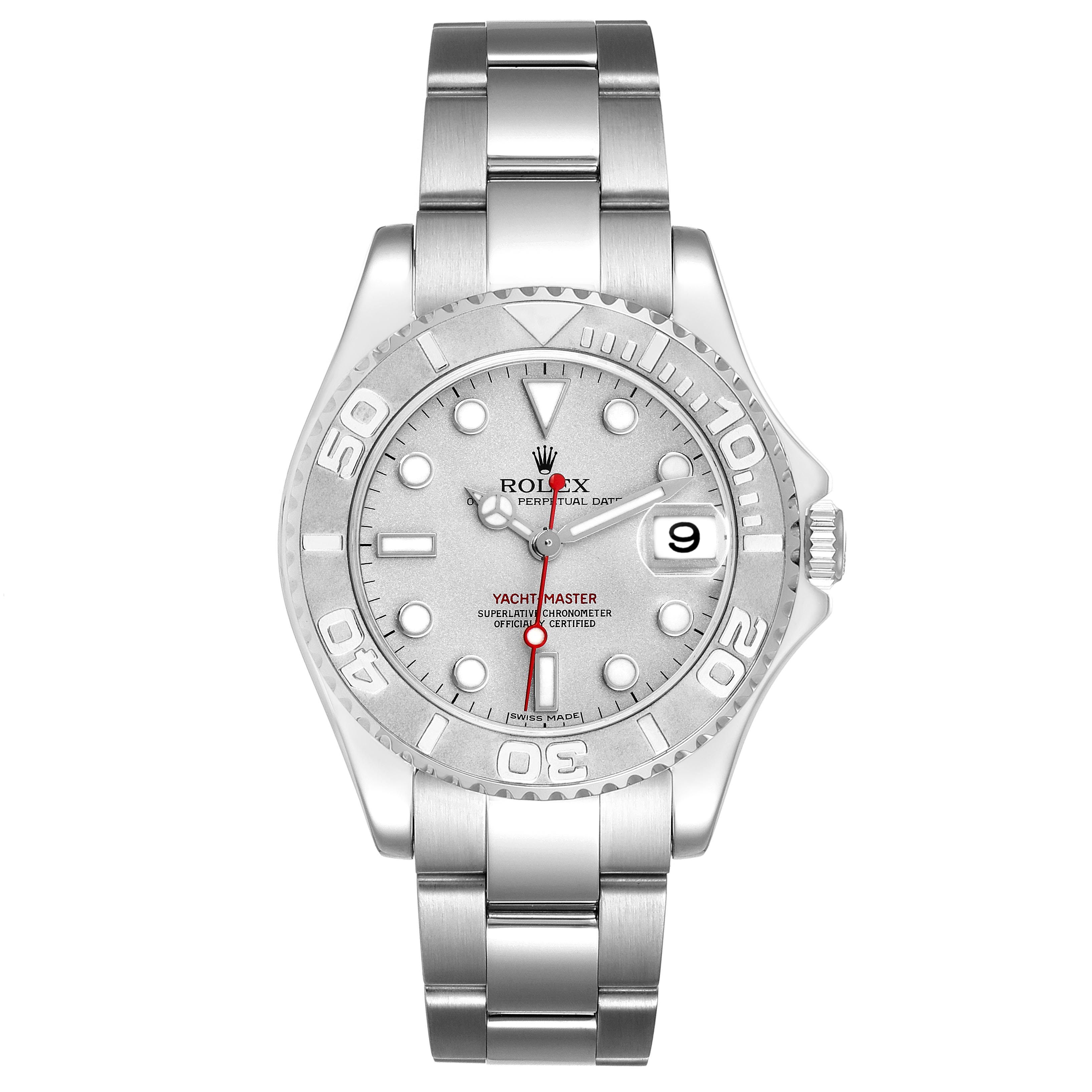 The Rolex Yacht-Master 168622 Men
s Stainless Steel Silver Dial 168622 Men
s Stainless Steel Silver Dial watch is shown from a top-down angle, displaying its face, bezel, and bracelet.