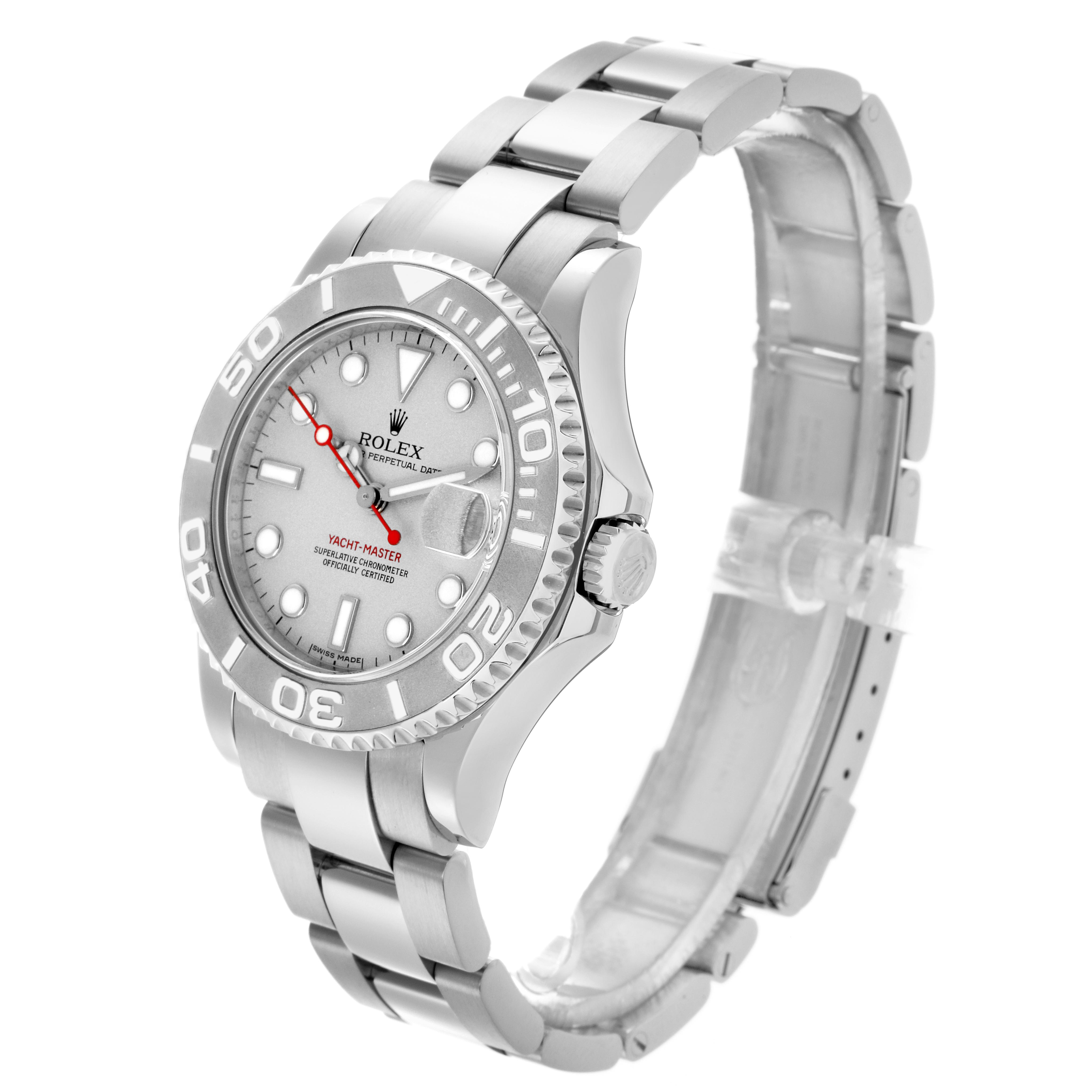 The Rolex Yacht-Master 168622 Men
s Stainless Steel Silver Dial 168622 Men
s Stainless Steel Silver Dial watch is shown at a three-quarter angle, displaying the face, bezel, crown, and part of the metal bracelet.
