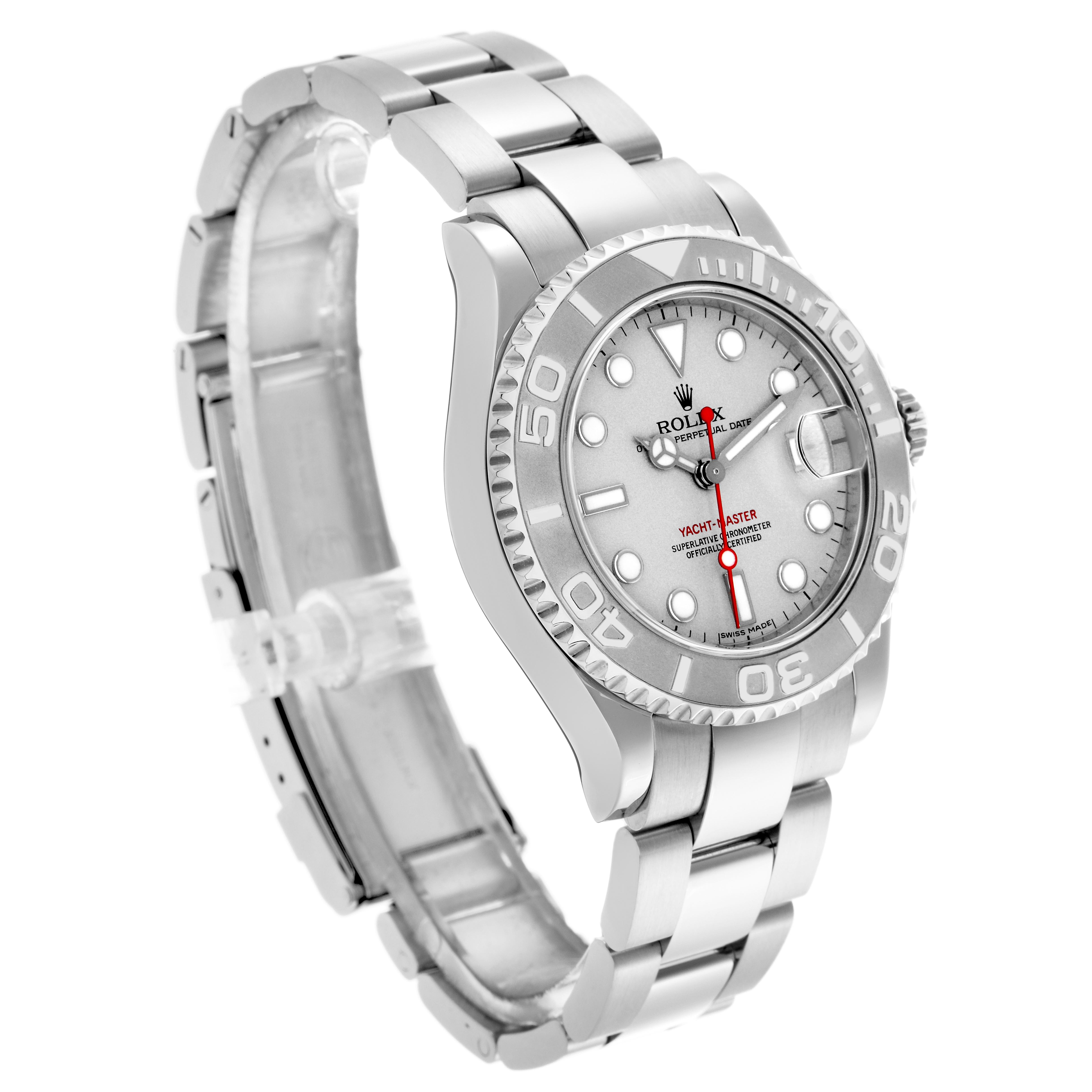 The Rolex Yacht-Master 168622 Men
s Stainless Steel Silver Dial 168622 Men
s Stainless Steel Silver Dial watch is shown at a three-quarter angle, displaying the dial, bezel, and full bracelet.