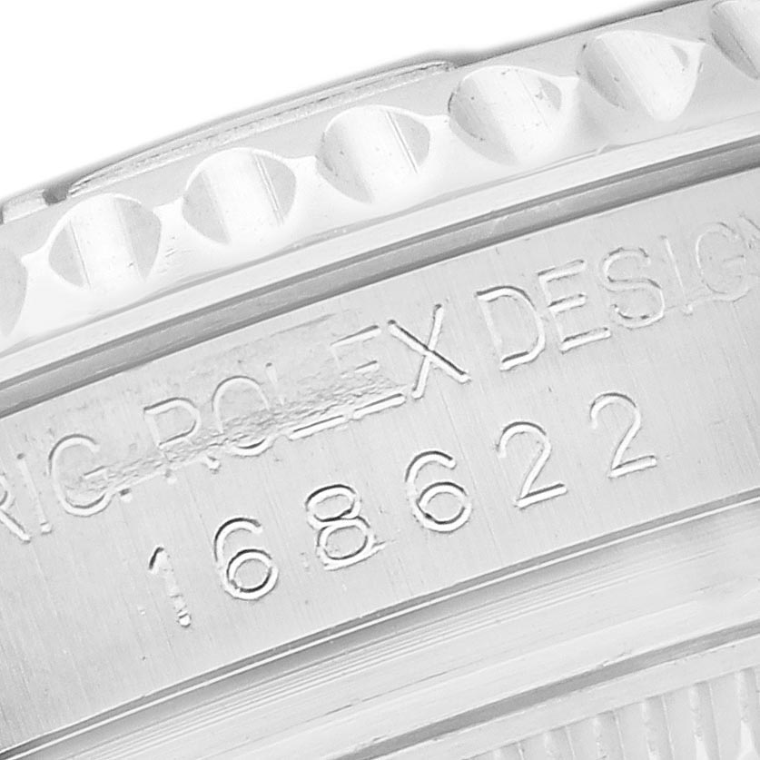 The image shows a close-up of the side of a Rolex Yacht-Master 168622 Men
s Stainless Steel Silver Dial 168622 Men
s Stainless Steel Silver Dial watch, highlighting the engraved model number "168622" on the case.