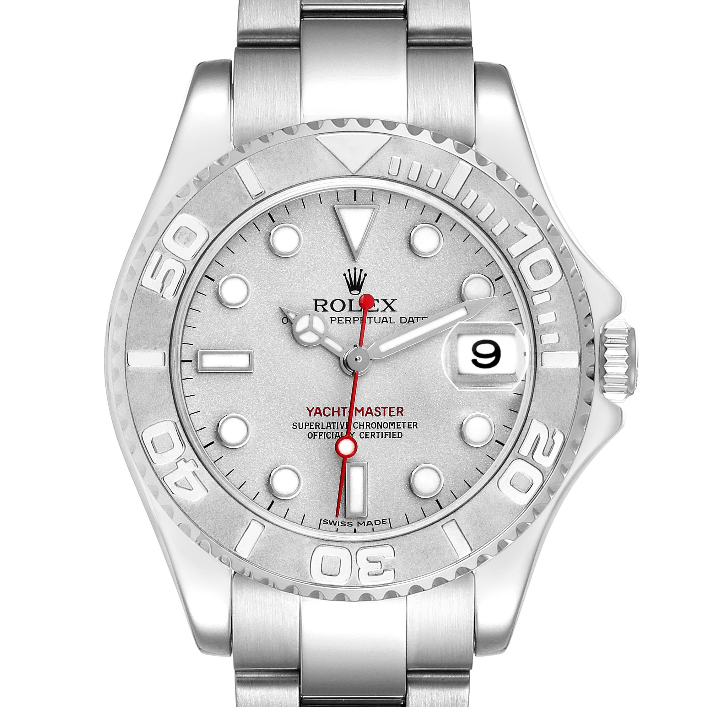The Rolex Yacht-Master 168622 Men
s Stainless Steel Silver Dial 168622 Men
s Stainless Steel Silver Dial watch is shown from a front angle, highlighting its dial, bezel, and bracelet.