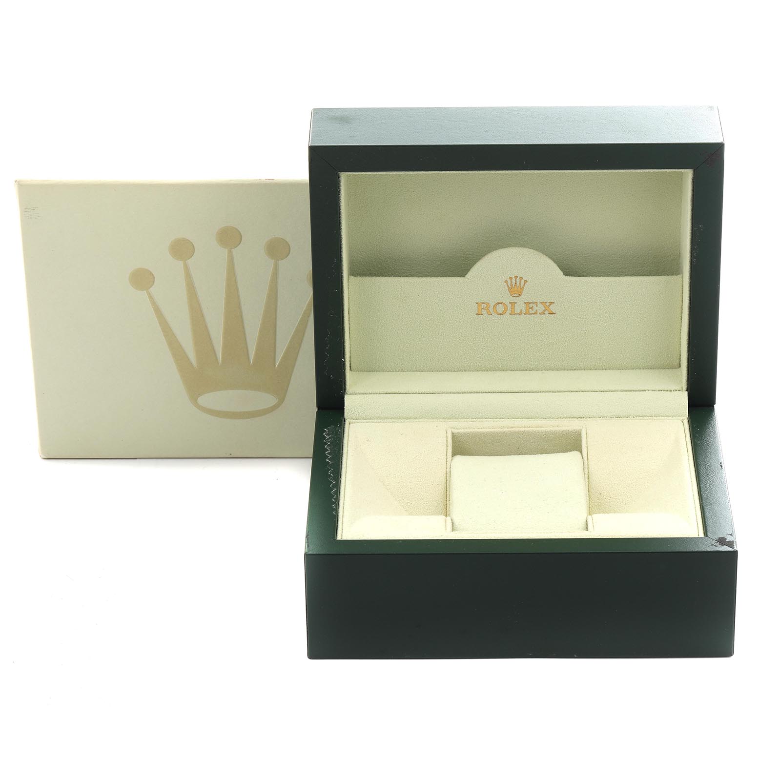 The image shows an open Rolex Yacht-Master 168622 Men
s Stainless Steel Silver Dial 168622 Men
s Stainless Steel Silver Dial watch box from a front angle, displaying its beige interior and green exterior.