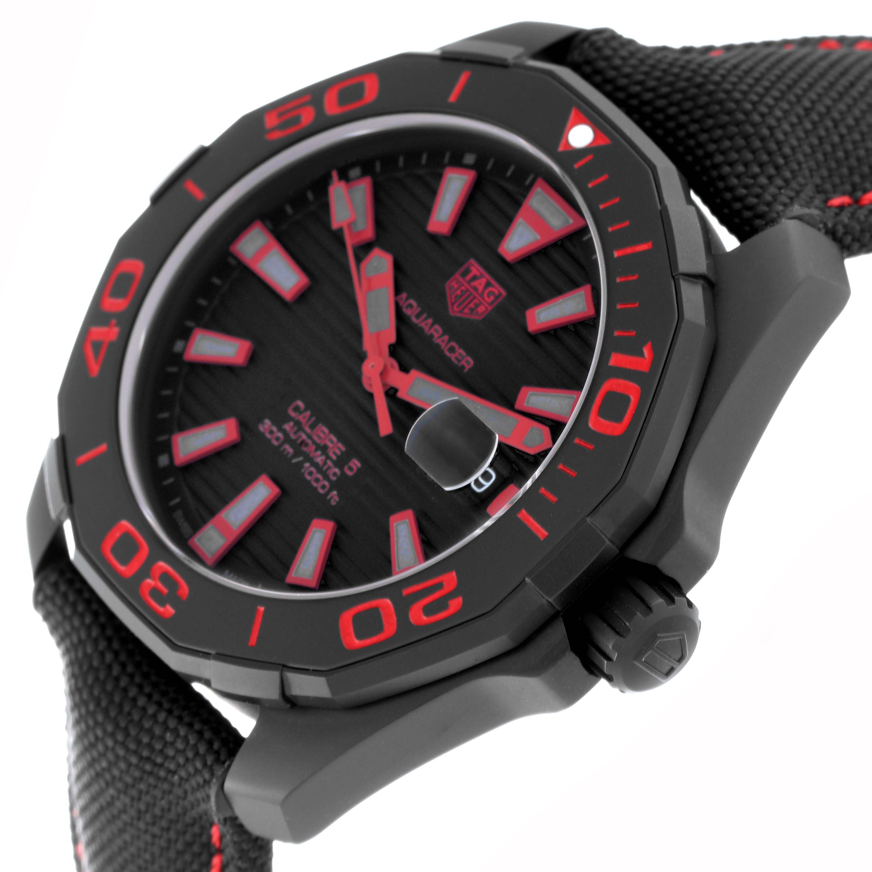 The image shows a close-up, angled view of the face and strap of the Tag Heuer Aquaracer WAY208A.FC6381 Men's Titanium Black Dial WAY208A.FC6381 Men's Titanium Black Dial watch.