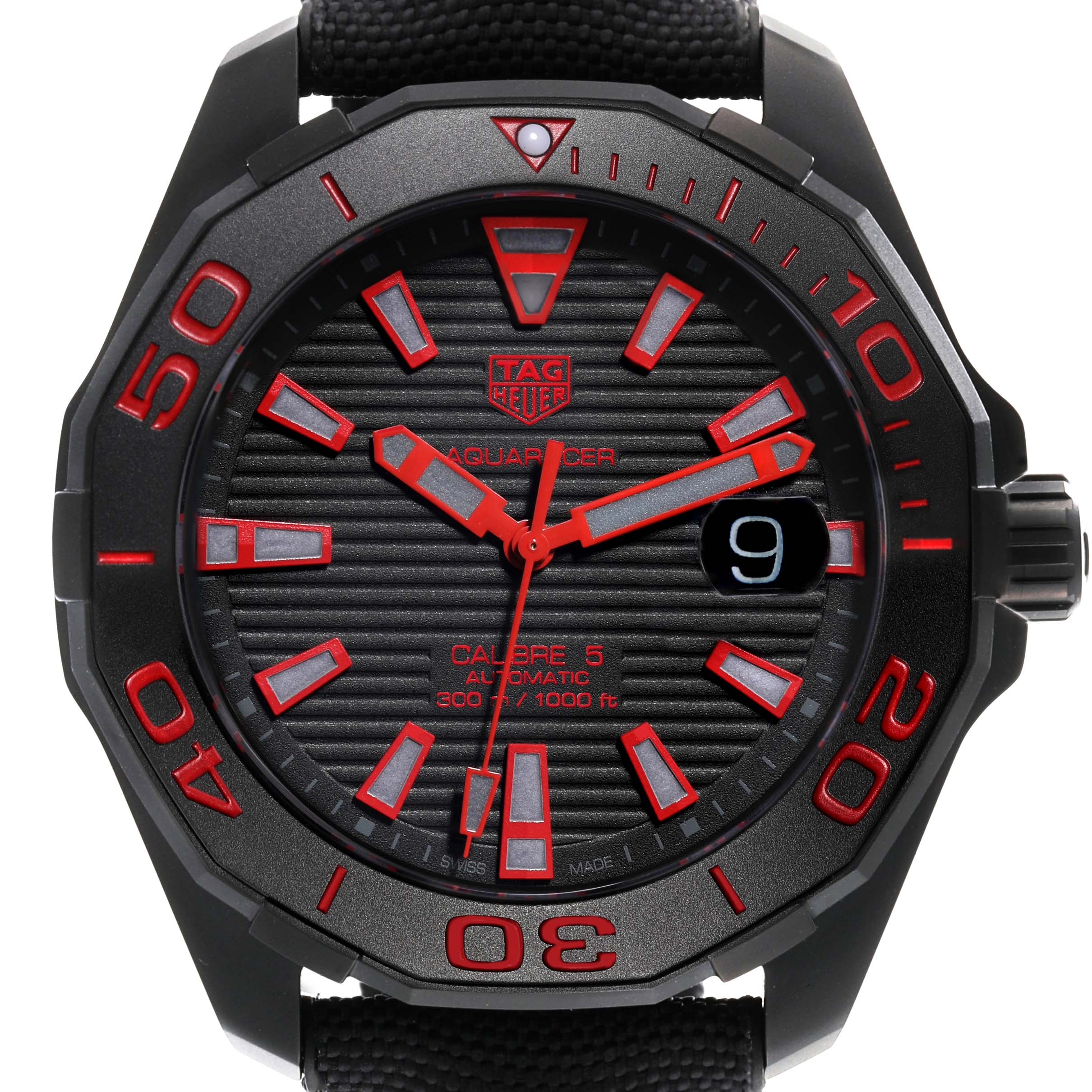 The image shows a front view of the Tag Heuer Aquaracer WAY208A.FC6381 Men's Titanium Black Dial WAY208A.FC6381 Men's Titanium Black Dial watch, highlighting the face, bezel, and strap.
