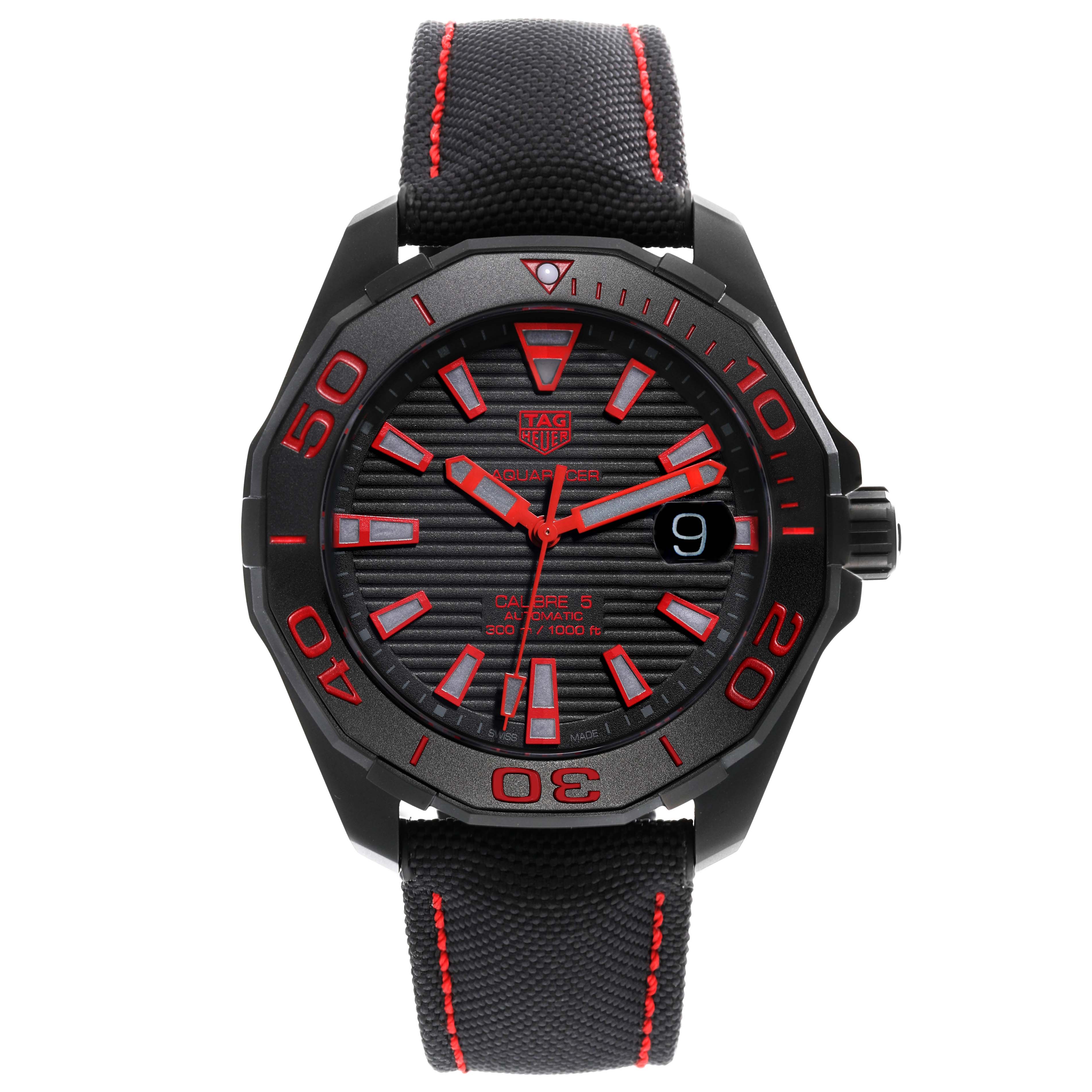 The image shows a front view of a Tag Heuer Aquaracer WAY208A.FC6381 Men's Titanium Black Dial WAY208A.FC6381 Men's Titanium Black Dial watch, displaying its face, bezel, and strap.