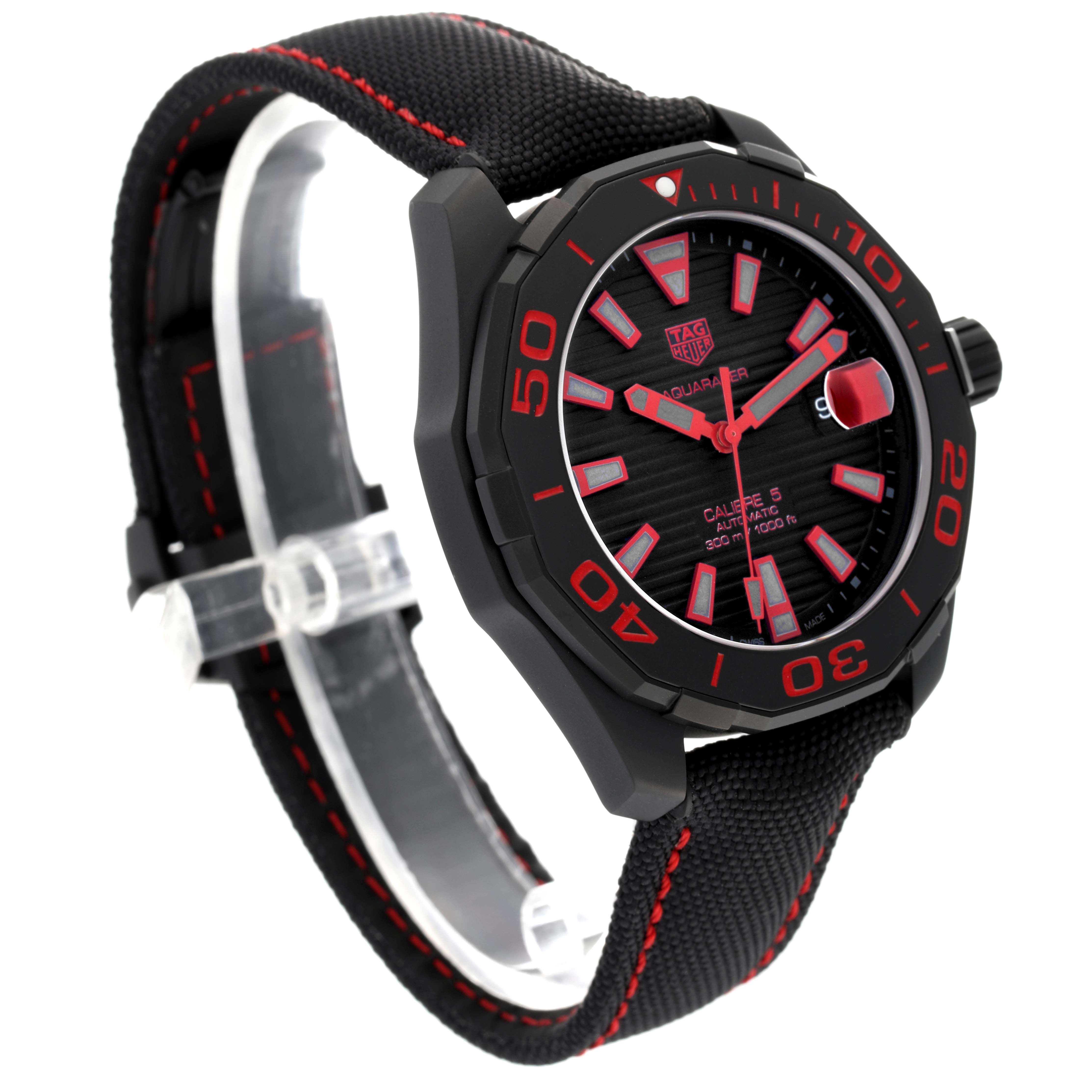 The image shows a side angle of the Tag Heuer Aquaracer WAY208A.FC6381 Men's Titanium Black Dial WAY208A.FC6381 Men's Titanium Black Dial watch, highlighting its black and red bezel, dial, and strap.