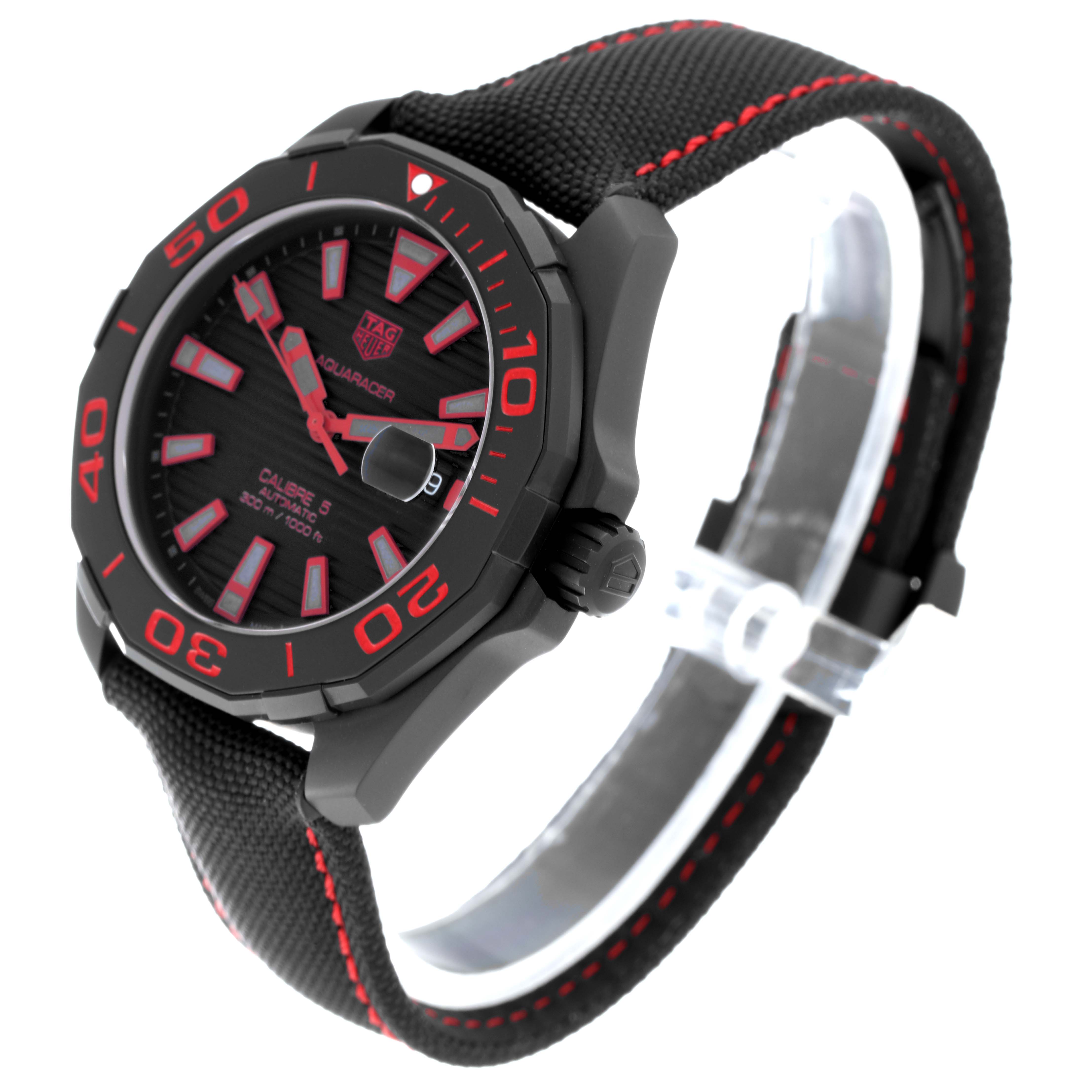 The image shows a side angled view of a Tag Heuer Aquaracer WAY208A.FC6381 Men's Titanium Black Dial WAY208A.FC6381 Men's Titanium Black Dial watch, highlighting the face, bezel, crown, and strap.