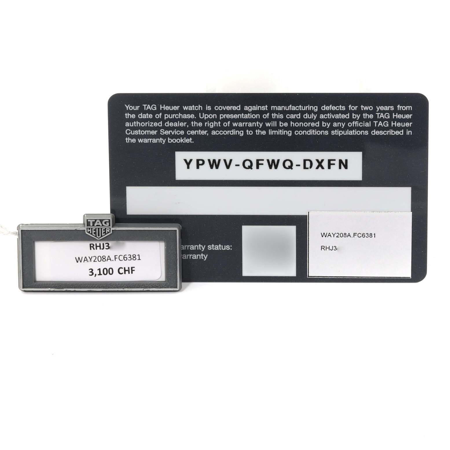 The image shows the warranty card and price tag for the Tag Heuer Aquaracer WAY208A.FC6381 Men's Titanium Black Dial WAY208A.FC6381 Men's Titanium Black Dial model WAY208A.FC6381.