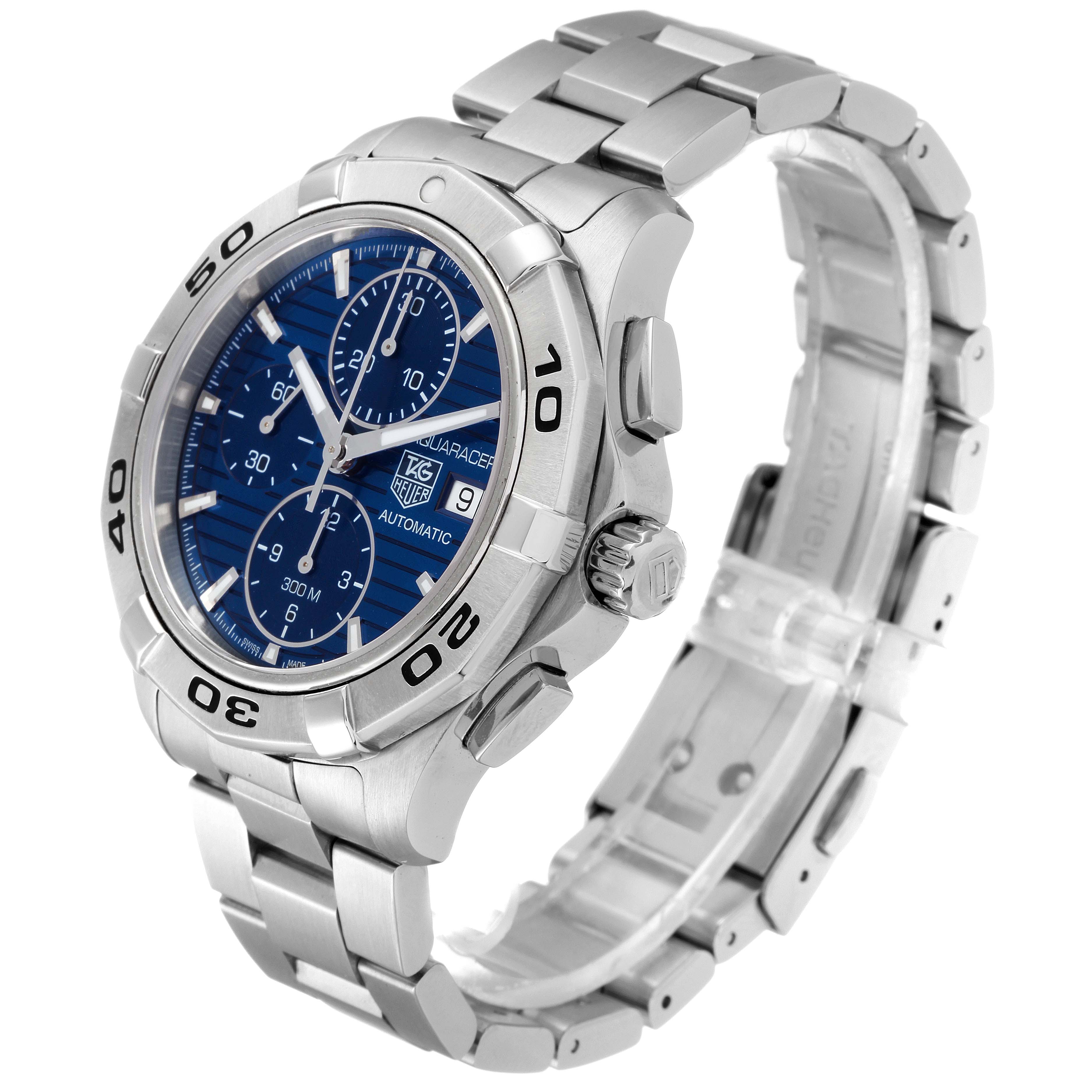 The image shows a Tag Heuer Aquaracer CAP2112.BA0833 Men
s Stainless Steel Blue Dial CAP2112.BA0833 Men
s Stainless Steel Blue Dial watch at an angled side view, highlighting the bezel, dial, crown, and bracelet.