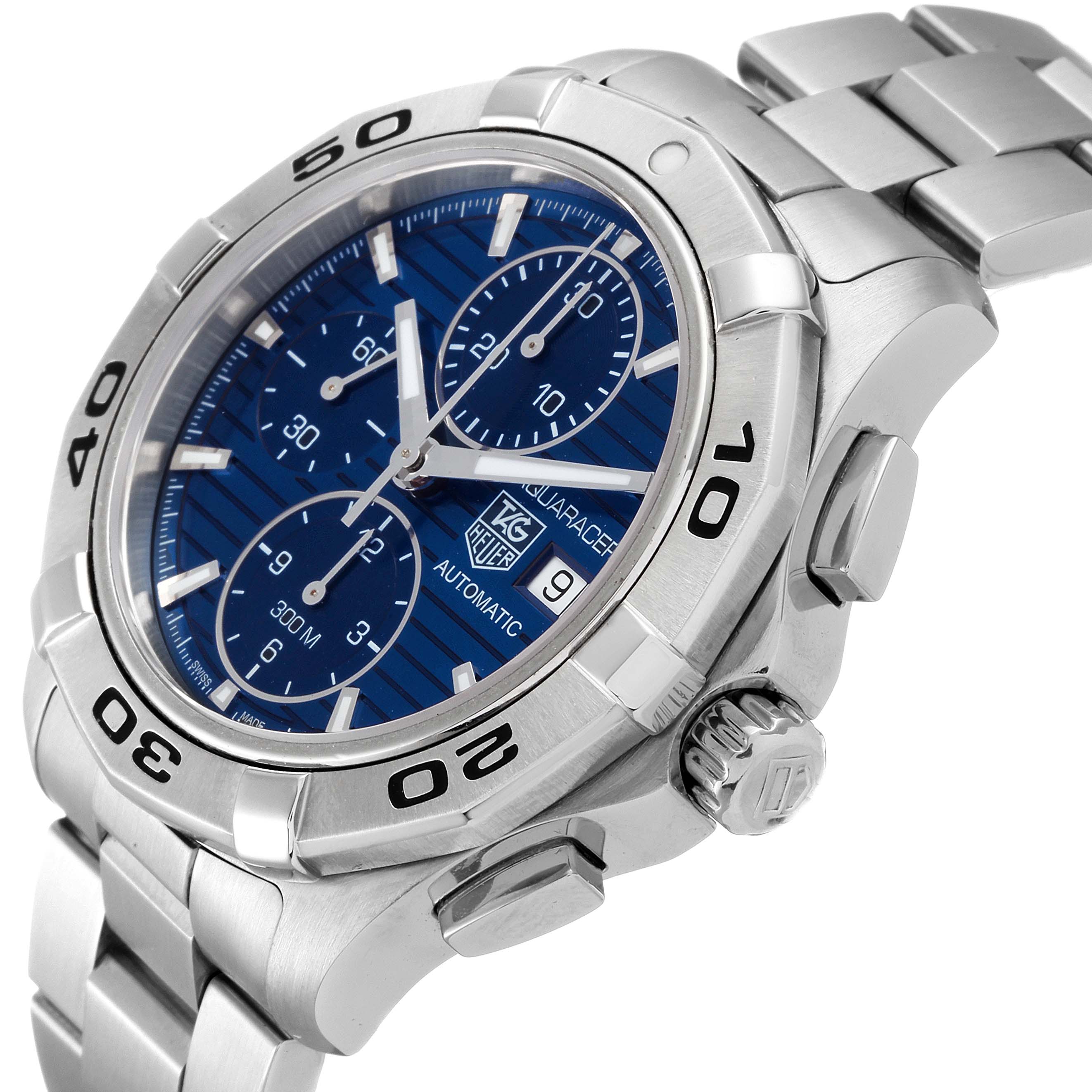 This Tag Heuer Aquaracer CAP2112.BA0833 Men
s Stainless Steel Blue Dial CAP2112.BA0833 Men
s Stainless Steel Blue Dial watch is shown at an angled side view, highlighting its blue dial, bezel, crown, and bracelet.
