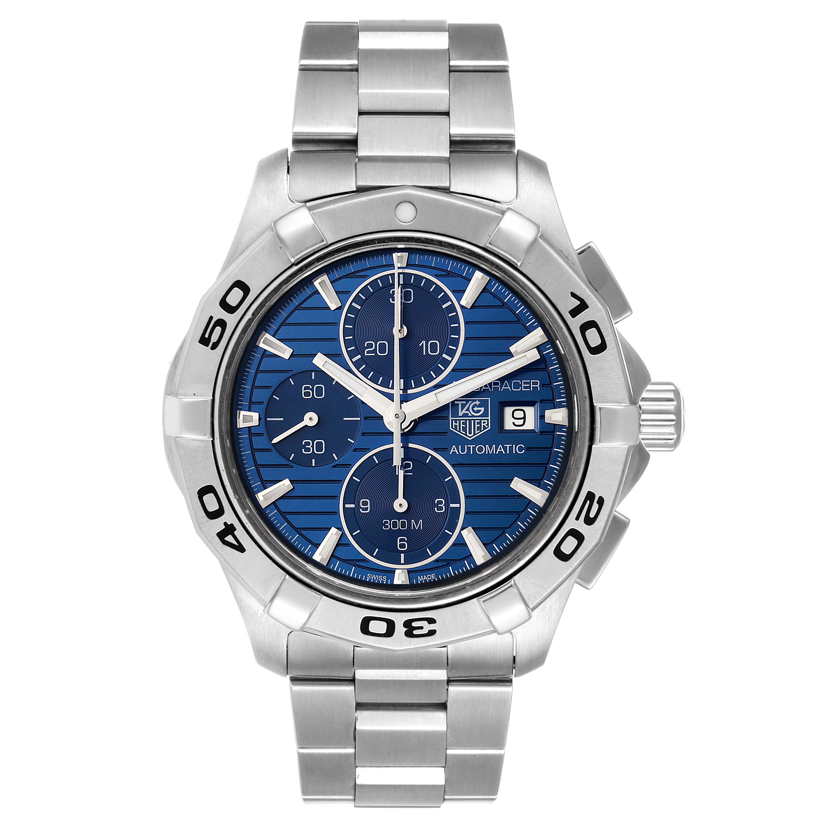 The image shows a front view of the Tag Heuer Aquaracer CAP2112.BA0833 Men
s Stainless Steel Blue Dial CAP2112.BA0833 Men
s Stainless Steel Blue Dial watch, highlighting its blue dial, chronograph sub-dials, and stainless steel bracelet.