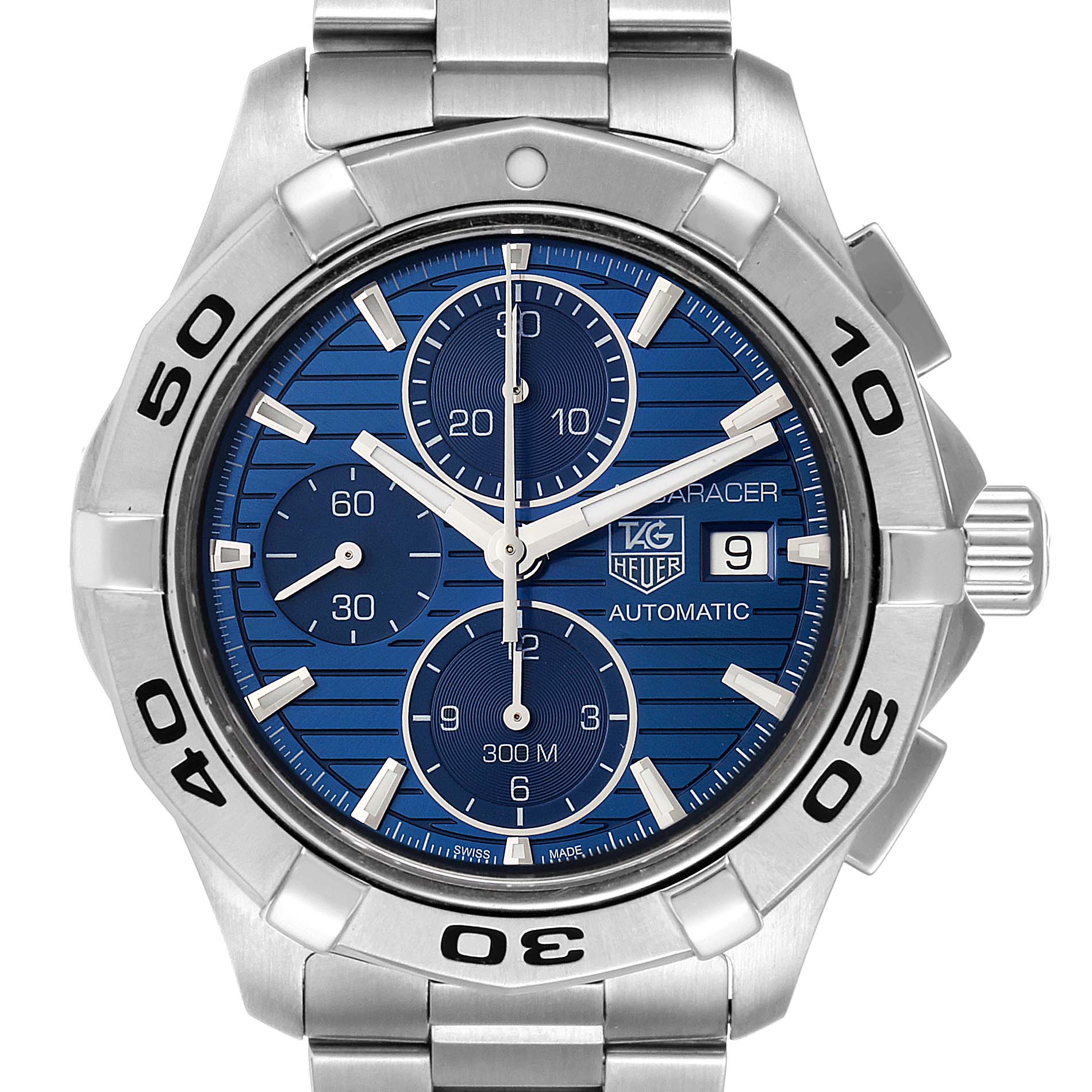 This image shows a front view of the Tag Heuer Aquaracer CAP2112.BA0833 Men
s Stainless Steel Blue Dial CAP2112.BA0833 Men
s Stainless Steel Blue Dial watch, featuring a blue dial, chronograph sub-dials, and a stainless steel bracelet.