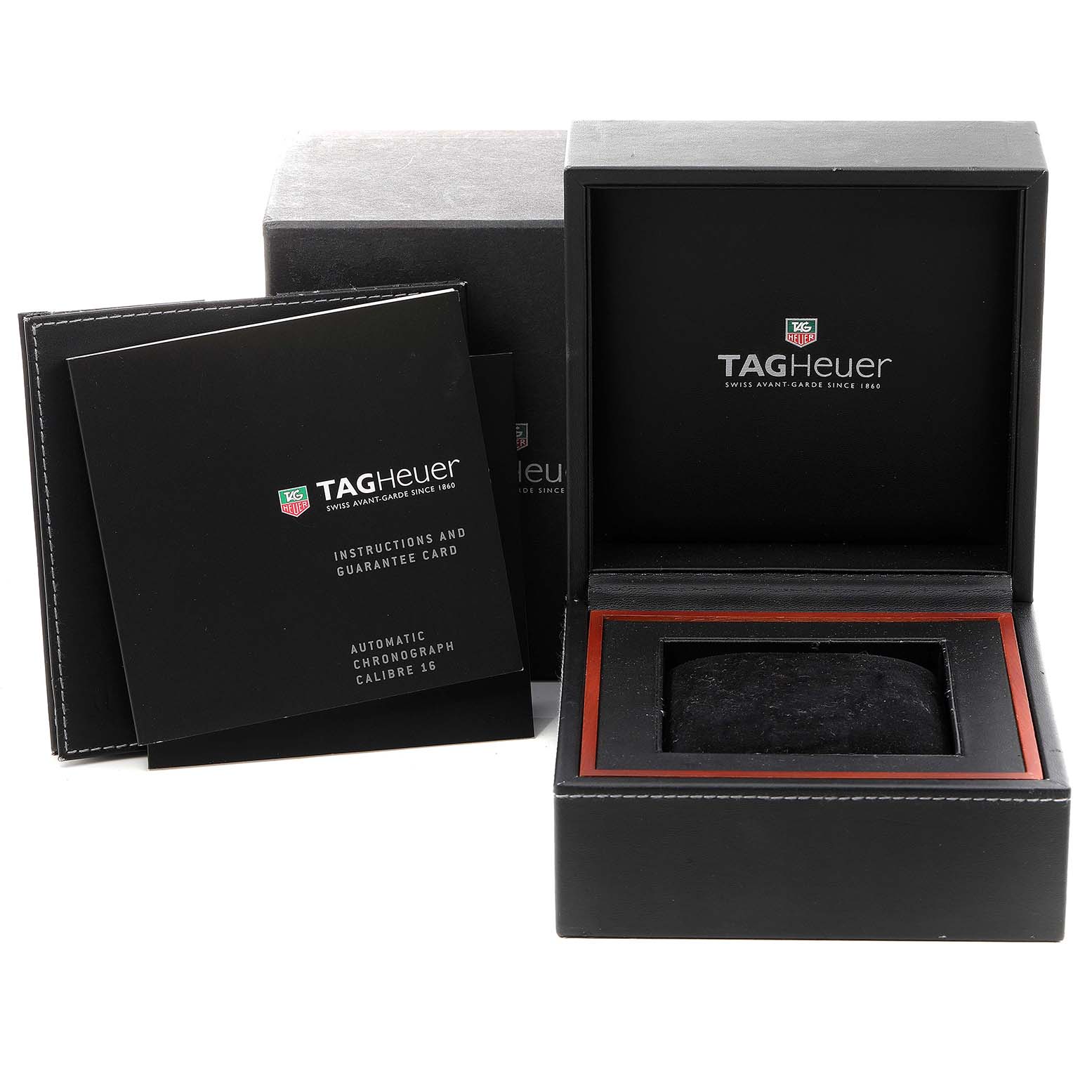 The image shows the packaging and accessories for the Tag Heuer Aquaracer CAP2112.BA0833 Men
s Stainless Steel Blue Dial CAP2112.BA0833 Men
s Stainless Steel Blue Dial, including manuals and an opened watch box.