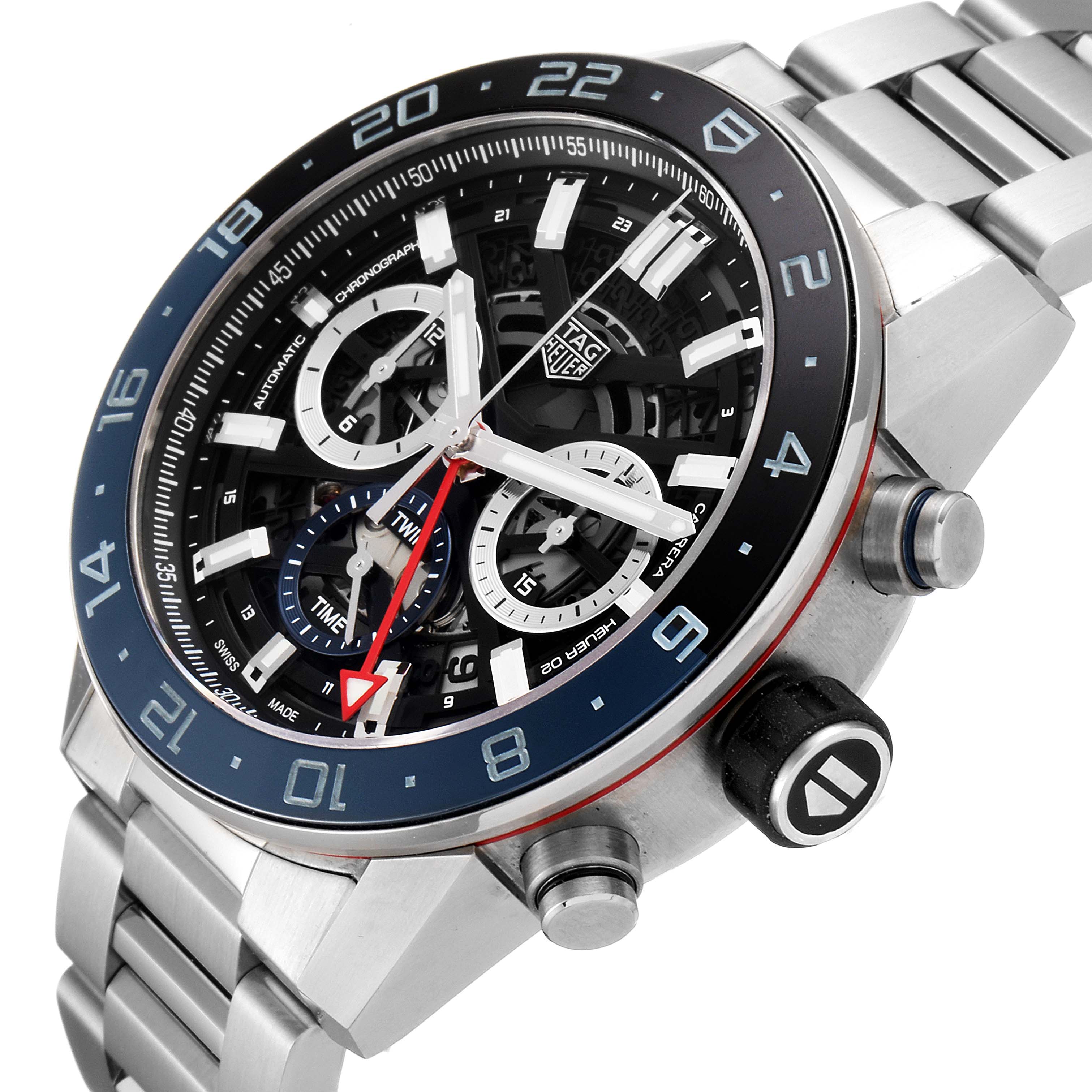 The image shows the face and right side of the Tag Heuer Carrera CBG2A1Z.BA0658 Men
s Stainless Steel Black Dial CBG2A1Z.BA0658 Men
s Stainless Steel Black Dial watch at an angle, highlighting its chronograph and buttons.