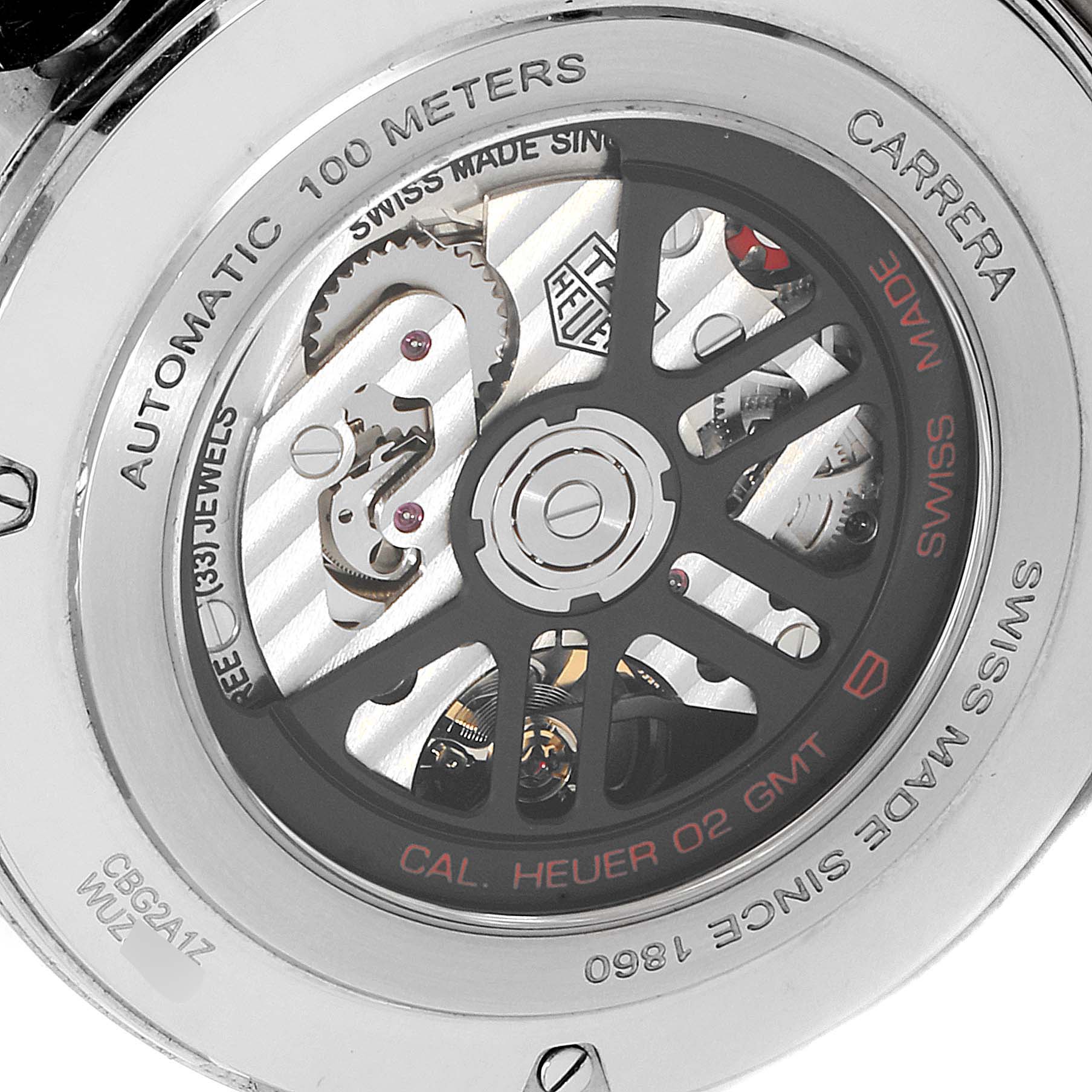 This image shows the back of a Tag Heuer Carrera CBG2A1Z.BA0658 Men
s Stainless Steel Black Dial CBG2A1Z.BA0658 Men
s Stainless Steel Black Dial watch, revealing the movement and inner mechanisms.
