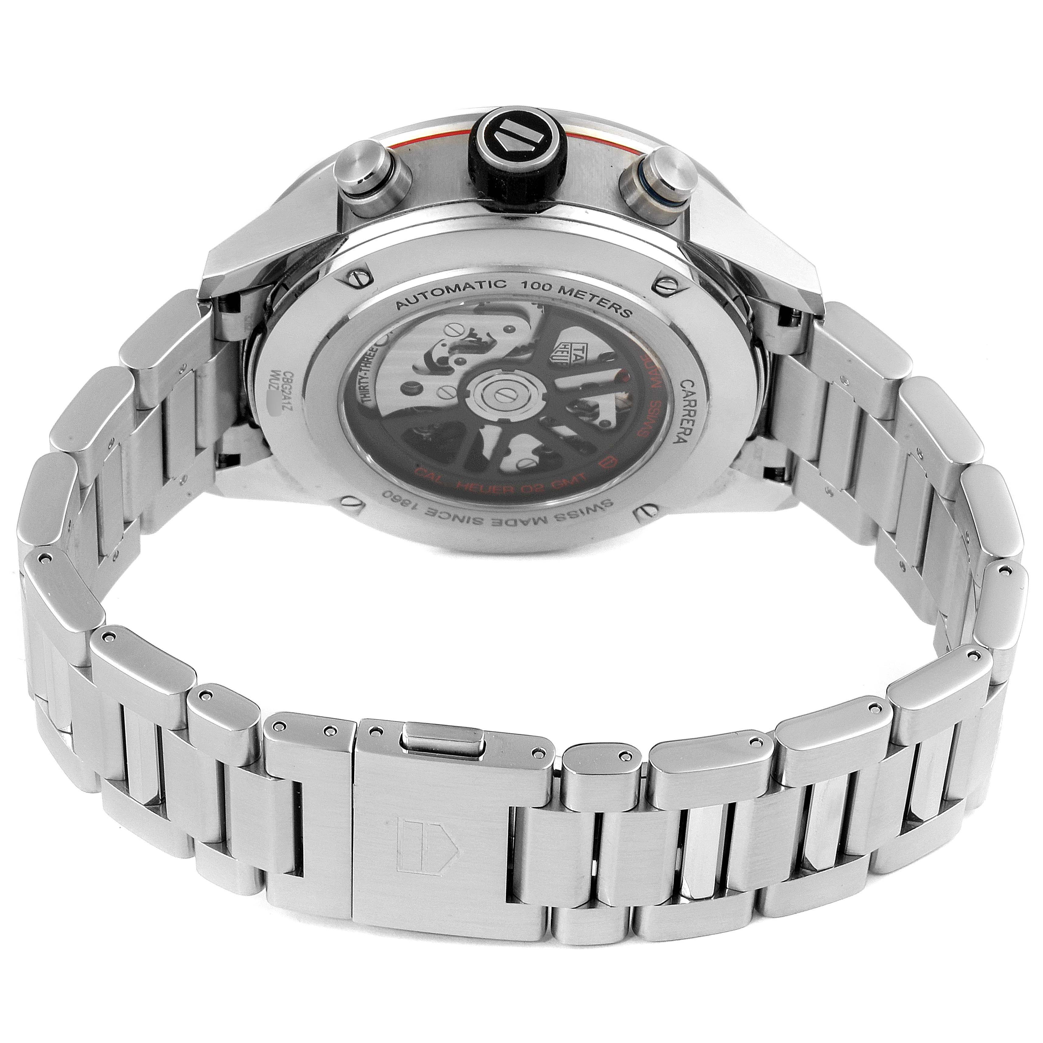 The image shows the back view of a Tag Heuer Carrera CBG2A1Z.BA0658 Men
s Stainless Steel Black Dial CBG2A1Z.BA0658 Men
s Stainless Steel Black Dial watch, highlighting its movement mechanism and bracelet.