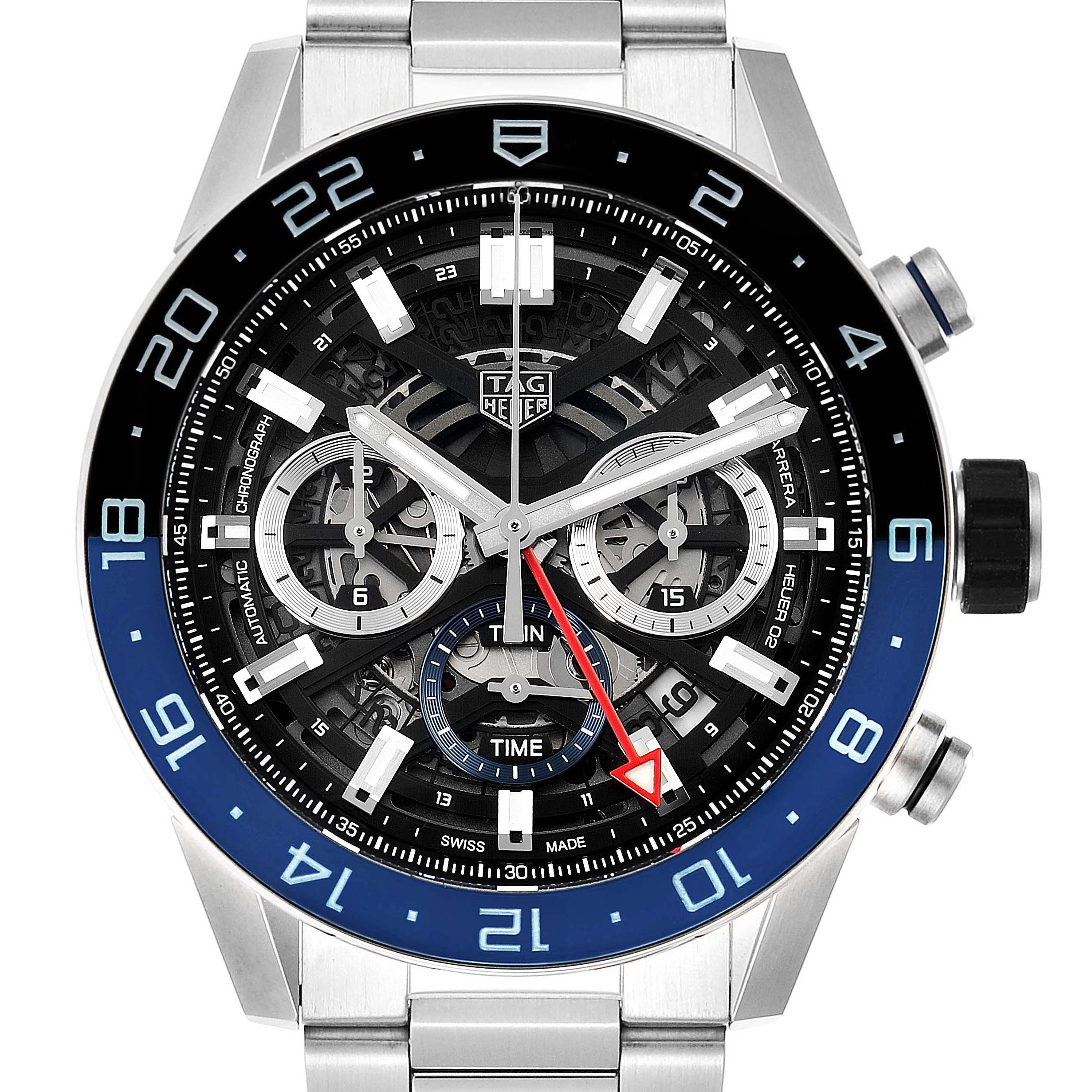 The image shows a frontal view of a Tag Heuer Carrera CBG2A1Z.BA0658 Men
s Stainless Steel Black Dial CBG2A1Z.BA0658 Men
s Stainless Steel Black Dial model watch, highlighting its dial, bezel, and chronograph subdials.