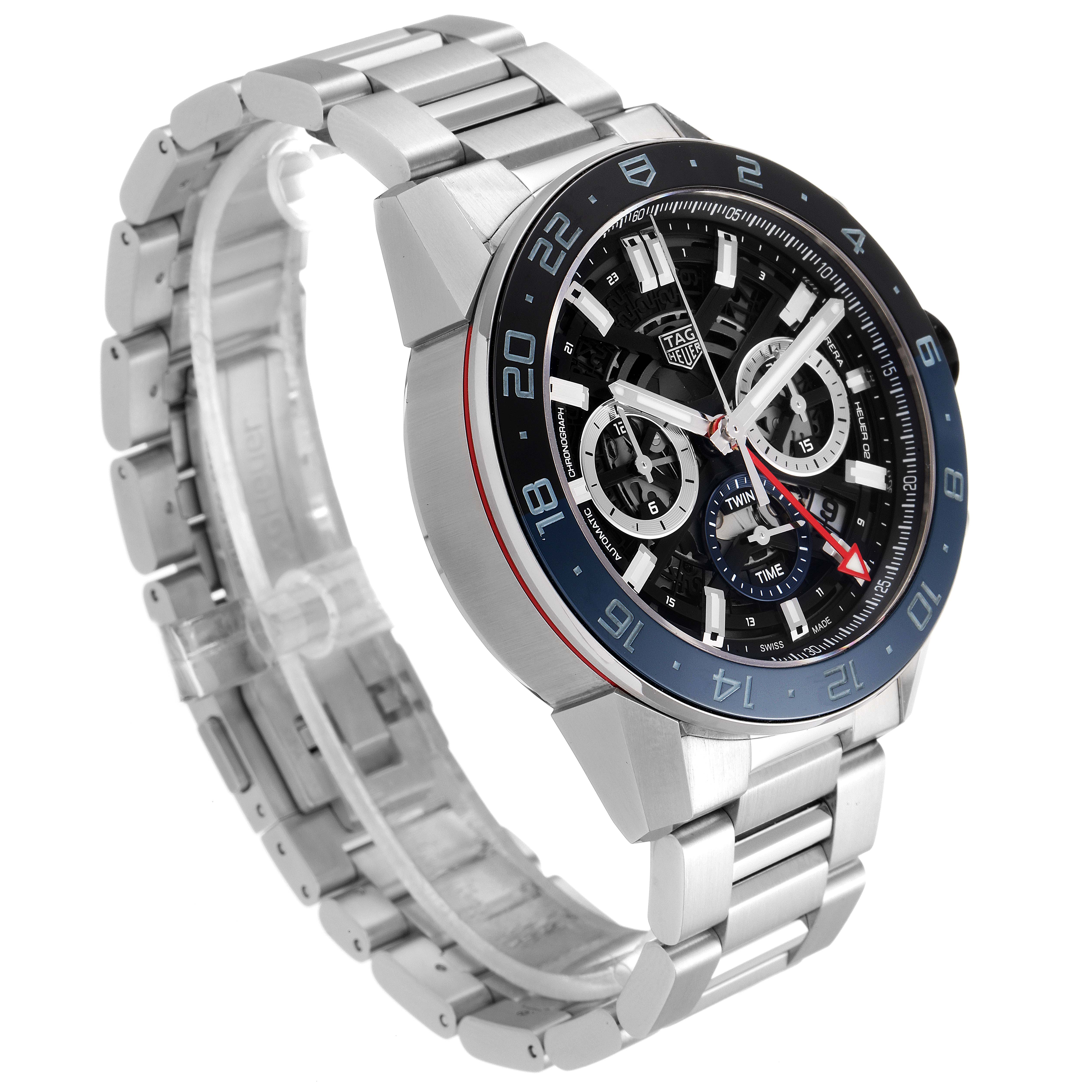 The image shows a Tag Heuer Carrera CBG2A1Z.BA0658 Men
s Stainless Steel Black Dial CBG2A1Z.BA0658 Men
s Stainless Steel Black Dial watch at an angled side view, highlighting the dial and stainless steel bracelet.