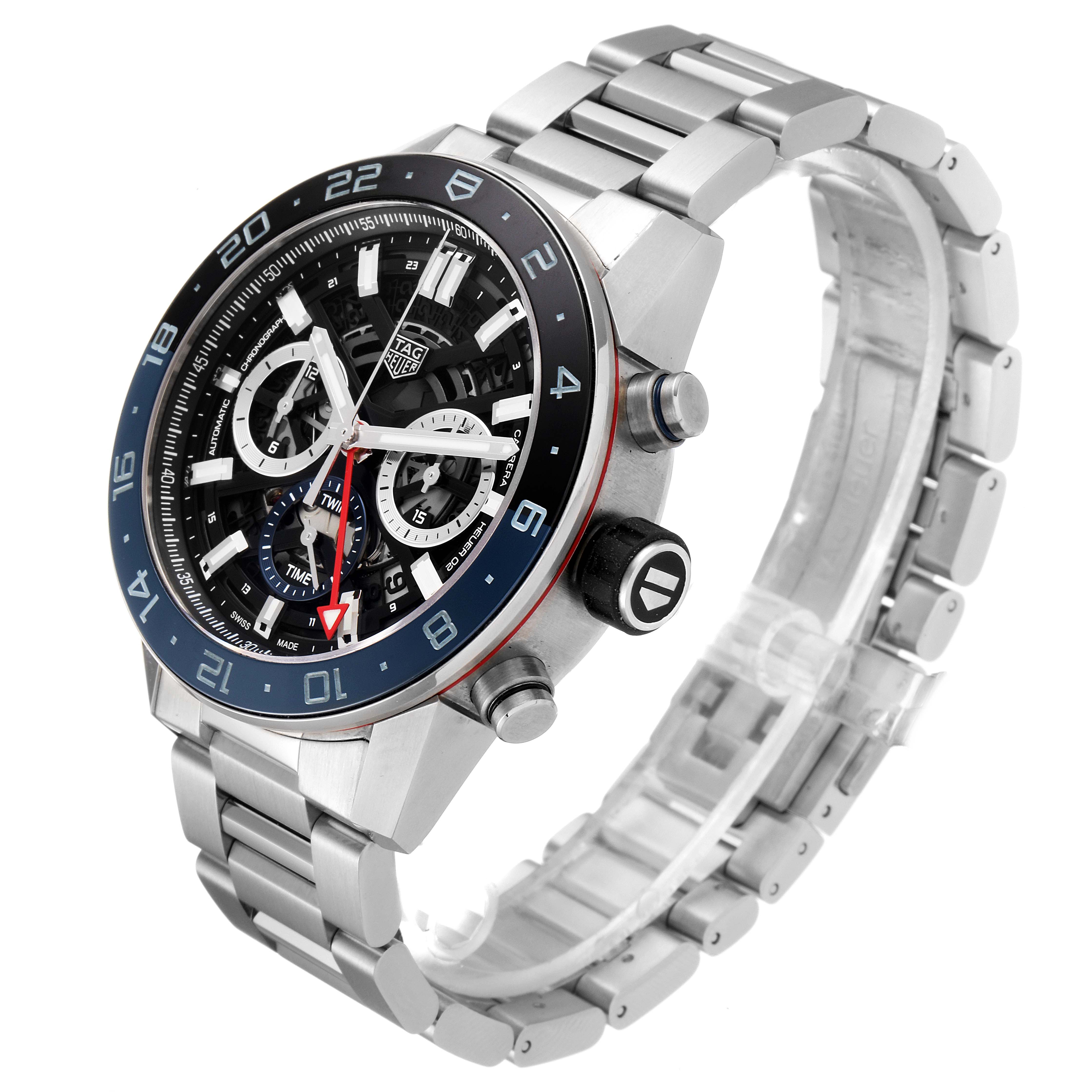 The image shows a Tag Heuer Carrera CBG2A1Z.BA0658 Men
s Stainless Steel Black Dial CBG2A1Z.BA0658 Men
s Stainless Steel Black Dial watch from an angled perspective highlighting the face, bracelet, and crown.