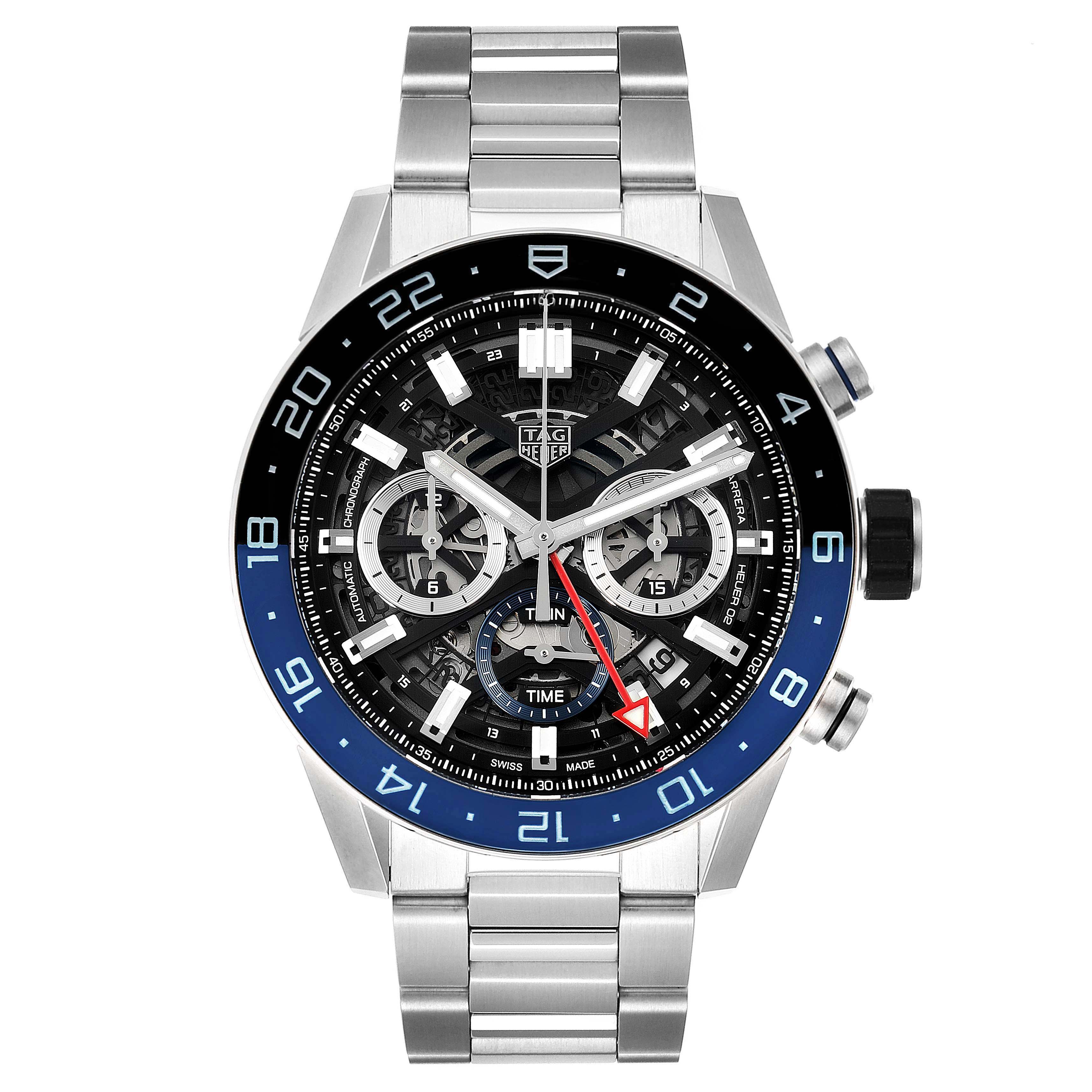 The image shows a frontal view of the Tag Heuer Carrera CBG2A1Z.BA0658 Men
s Stainless Steel Black Dial CBG2A1Z.BA0658 Men
s Stainless Steel Black Dial watch, displaying its dial, bezel, and metal bracelet.