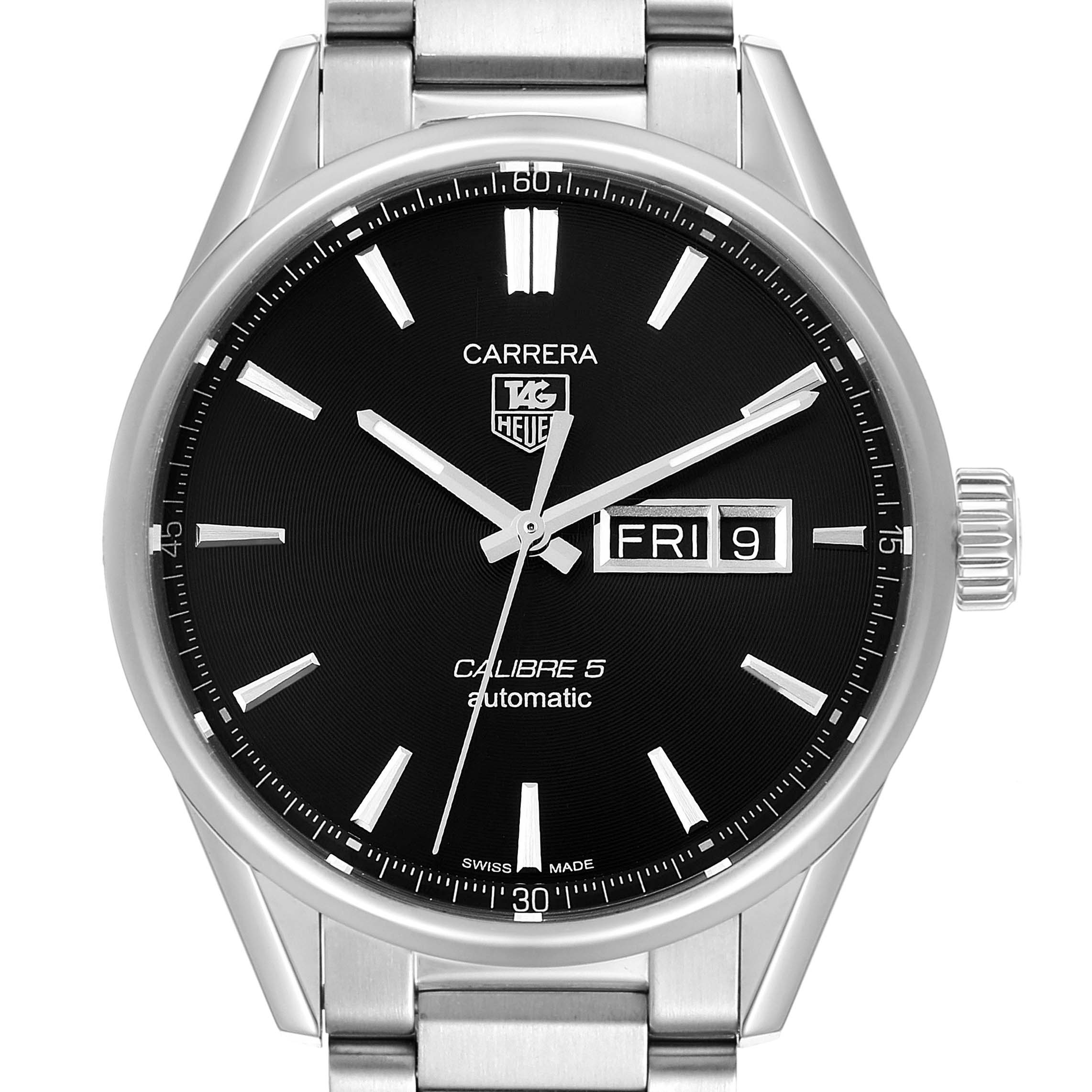 This is a frontal view of a Tag Heuer Carrera WAR201A.BA0723 Men's Stainless Steel Black Dial WAR201A.BA0723 Men's Stainless Steel Black Dial Calibre 5 Automatic watch, showcasing the dial, hands, date, and day display.