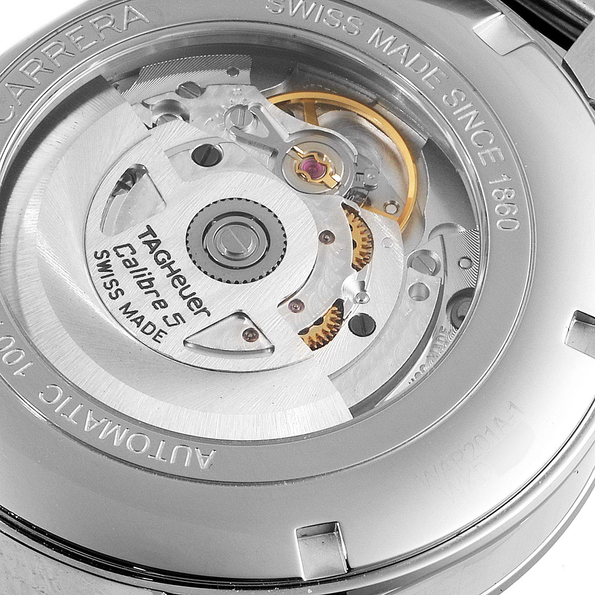 The image shows a close-up of the back of a Tag Heuer Carrera WAR201A.BA0723 Men's Stainless Steel Black Dial WAR201A.BA0723 Men's Stainless Steel Black Dial watch showcasing its Calibre 5 movement.