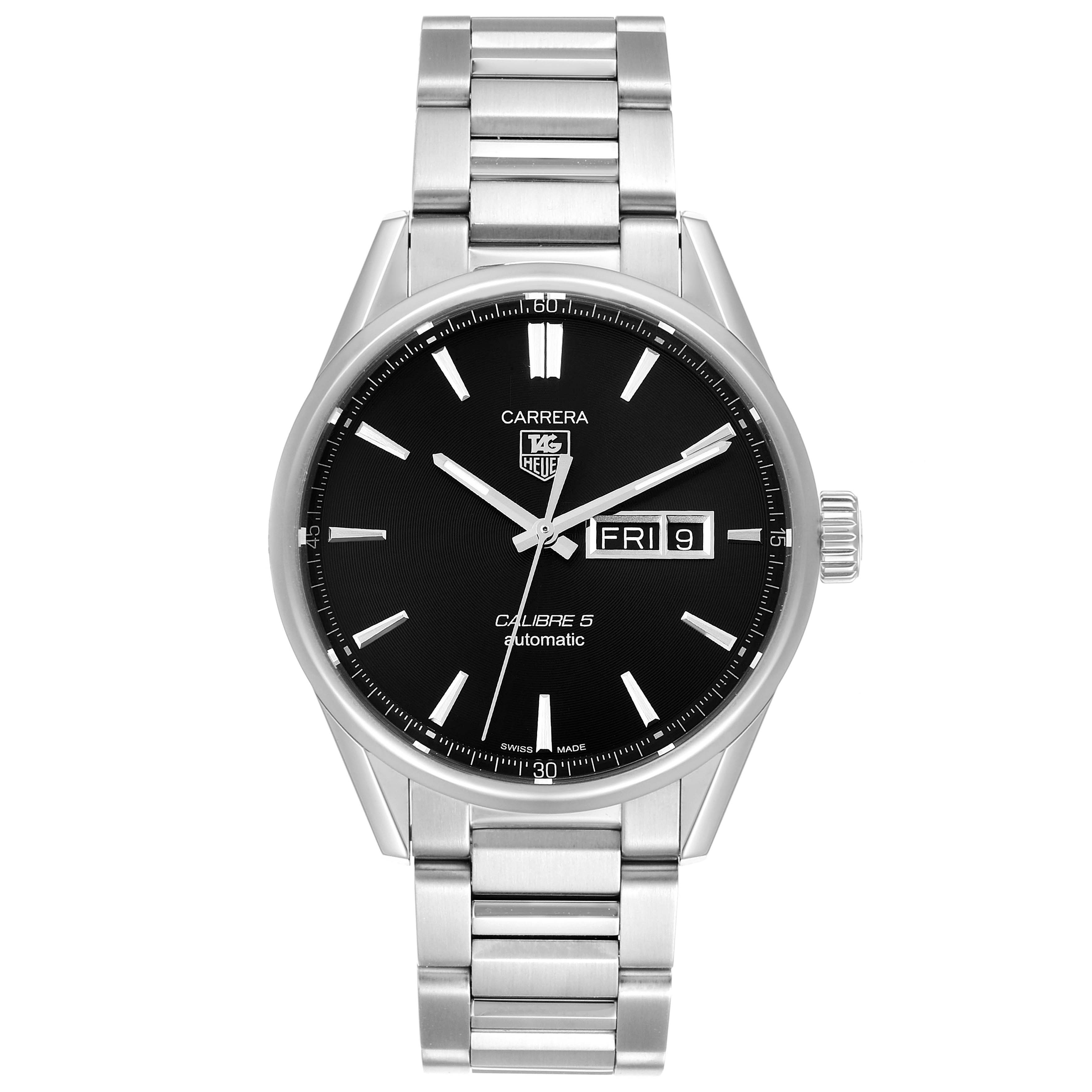 The image shows a frontal view of a Tag Heuer Carrera WAR201A.BA0723 Men's Stainless Steel Black Dial WAR201A.BA0723 Men's Stainless Steel Black Dial watch displaying its face and metal band.