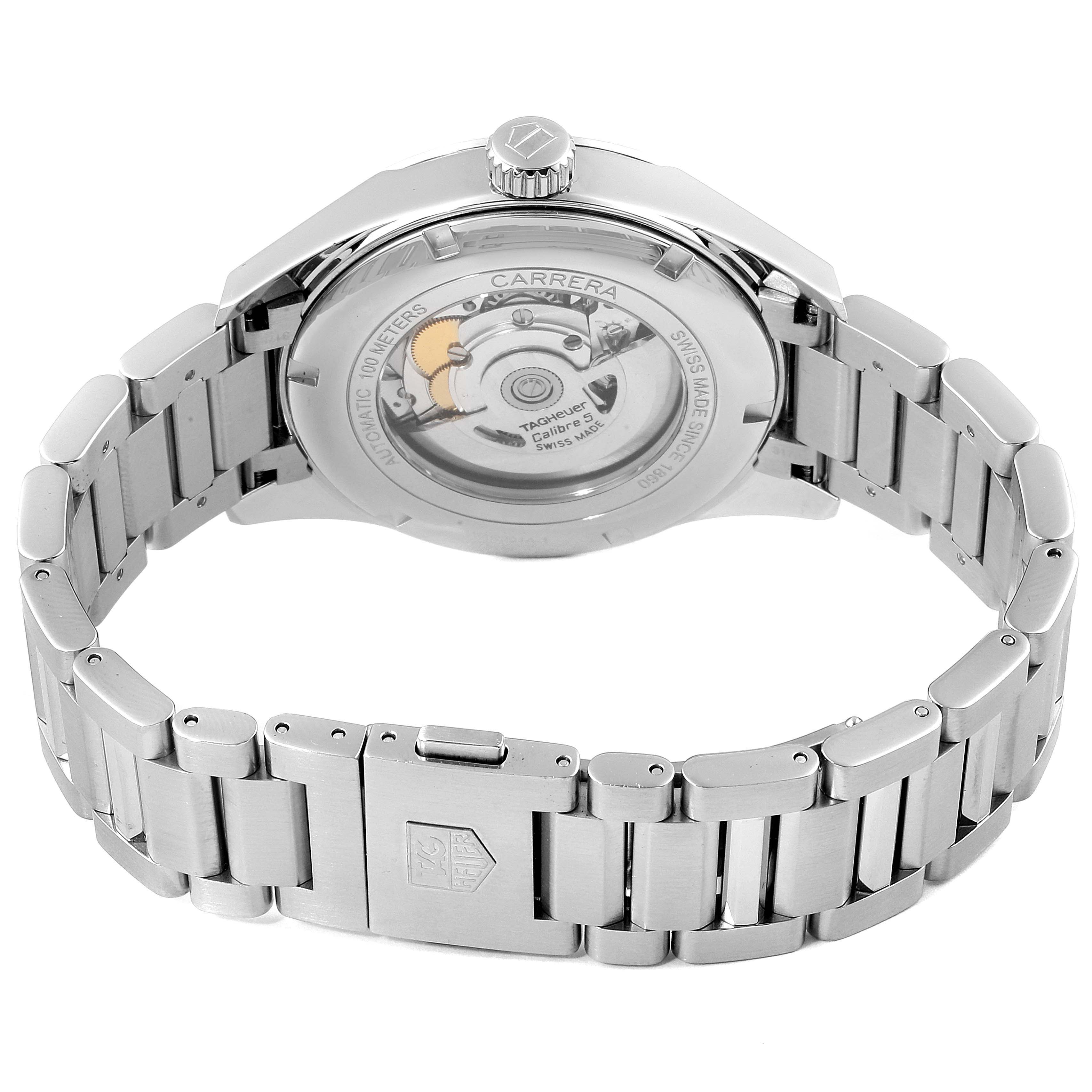 This image shows the back view of a Tag Heuer Carrera WAR201A.BA0723 Men's Stainless Steel Black Dial WAR201A.BA0723 Men's Stainless Steel Black Dial watch, highlighting its case back and stainless steel bracelet.