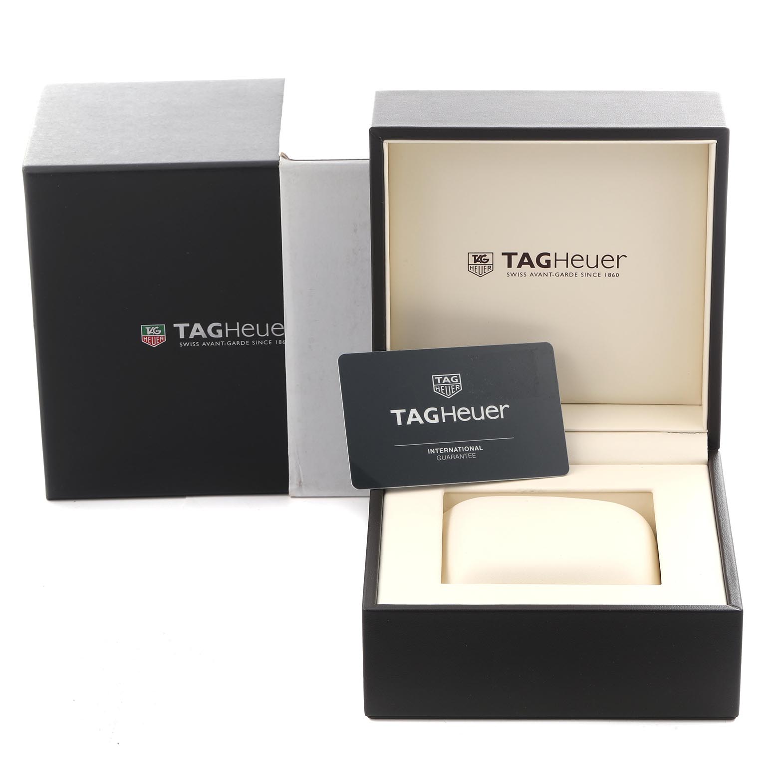 The image shows the box and warranty card for a Tag Heuer Carrera CAR2A1Z.FT6051 Men's Stainless Steel Black Dial CAR2A1Z.FT6051 Men's Stainless Steel Black Dial watch, with a frontal view of the packaging.