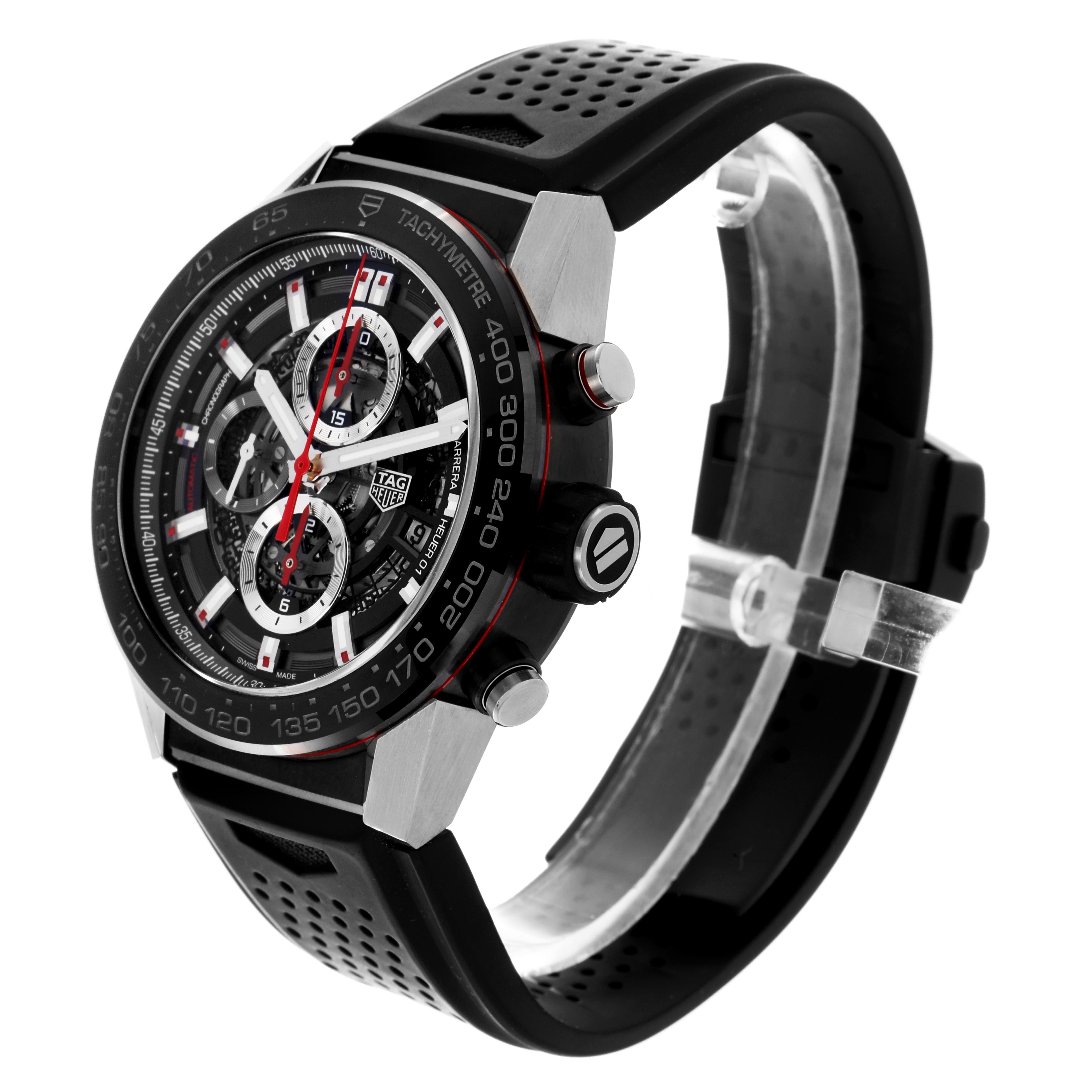 The image shows a Tag Heuer Carrera CAR2A1Z.FT6051 Men's Stainless Steel Black Dial CAR2A1Z.FT6051 Men's Stainless Steel Black Dial watch at a three-quarter angle, highlighting the dial, tachymeter bezel, pushers, and strap.