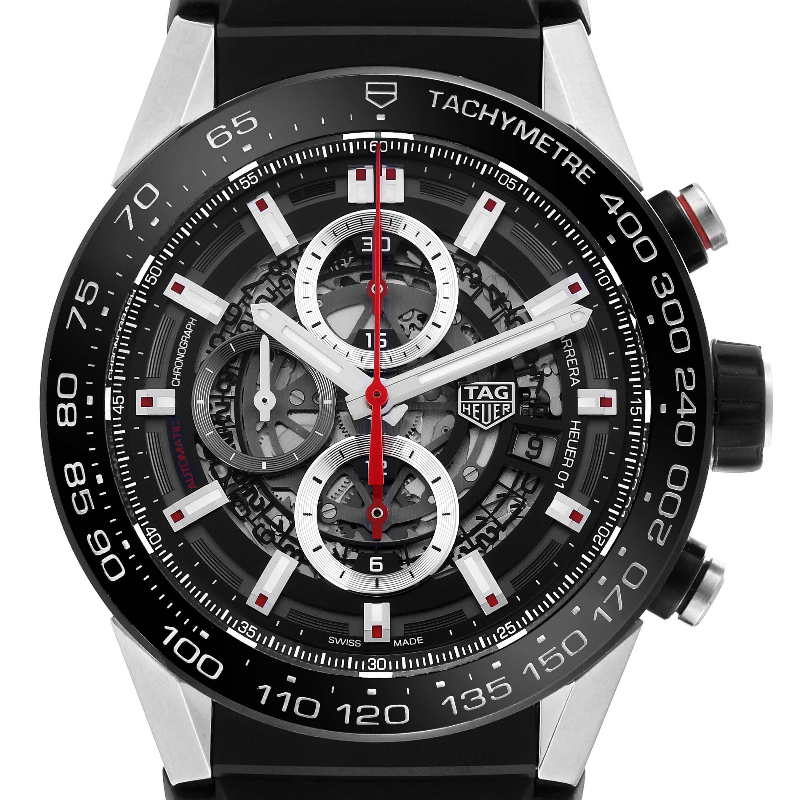 The Tag Heuer Carrera CAR2A1Z.FT6051 Men's Stainless Steel Black Dial CAR2A1Z.FT6051 Men's Stainless Steel Black Dial watch is shown from a front angle, highlighting its skeleton dial and tachymeter bezel.