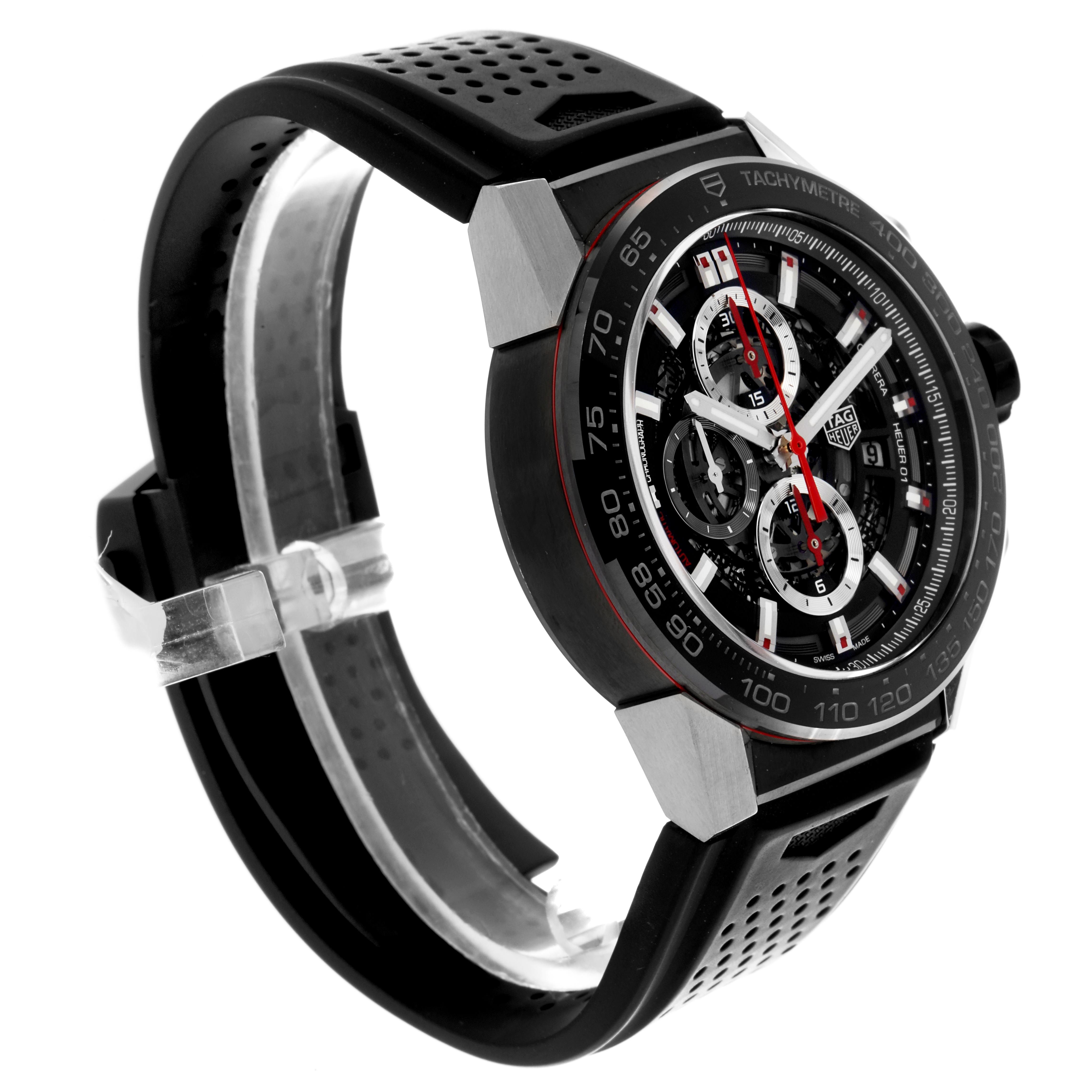 The Tag Heuer Carrera CAR2A1Z.FT6051 Men's Stainless Steel Black Dial CAR2A1Z.FT6051 Men's Stainless Steel Black Dial watch is shown at a three-quarter angle, displaying its face, bezel, and band.