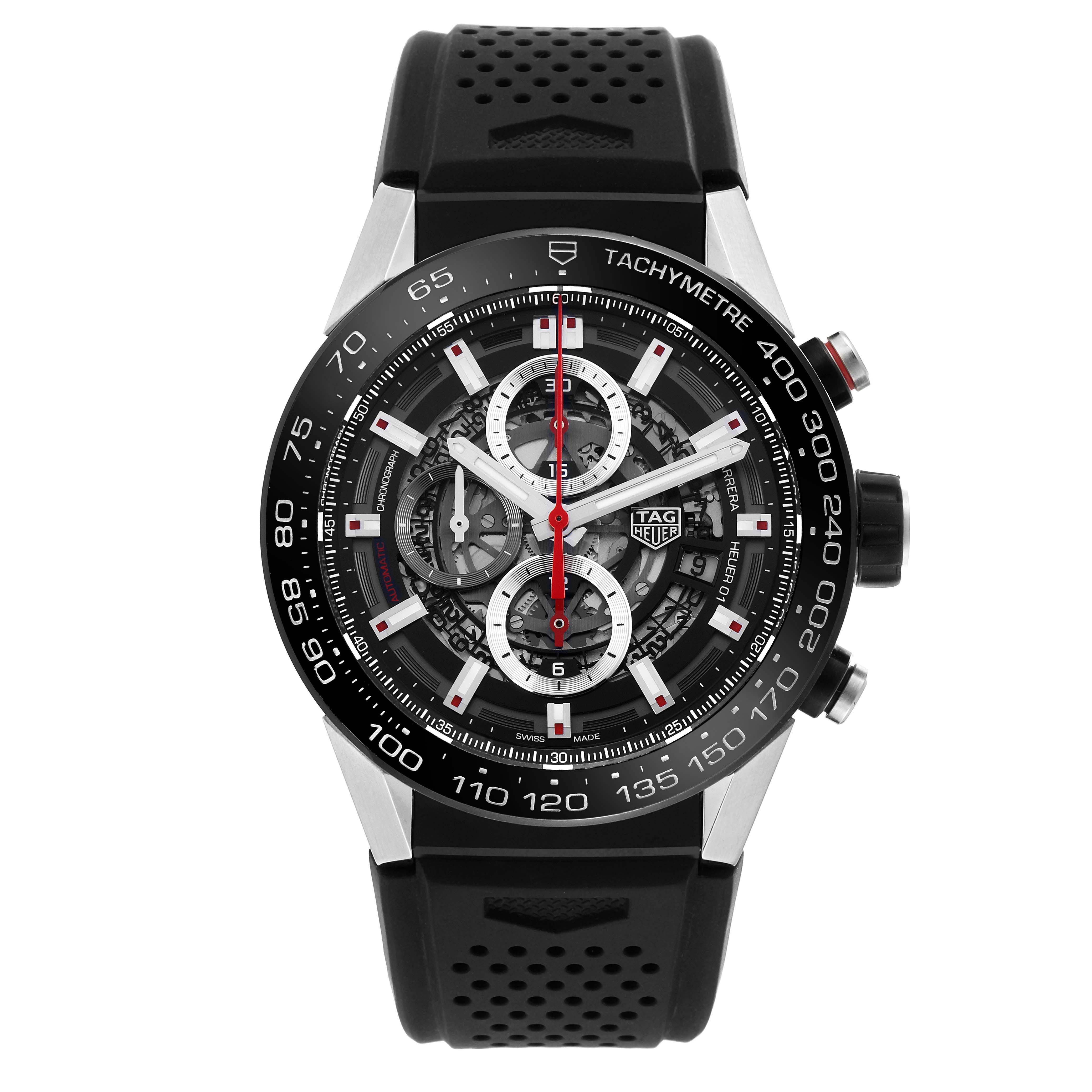 The Tag Heuer Carrera CAR2A1Z.FT6051 Men's Stainless Steel Black Dial CAR2A1Z.FT6051 Men's Stainless Steel Black Dial watch is shown from a front angle, highlighting its tachymeter bezel and chronograph sub-dials.
