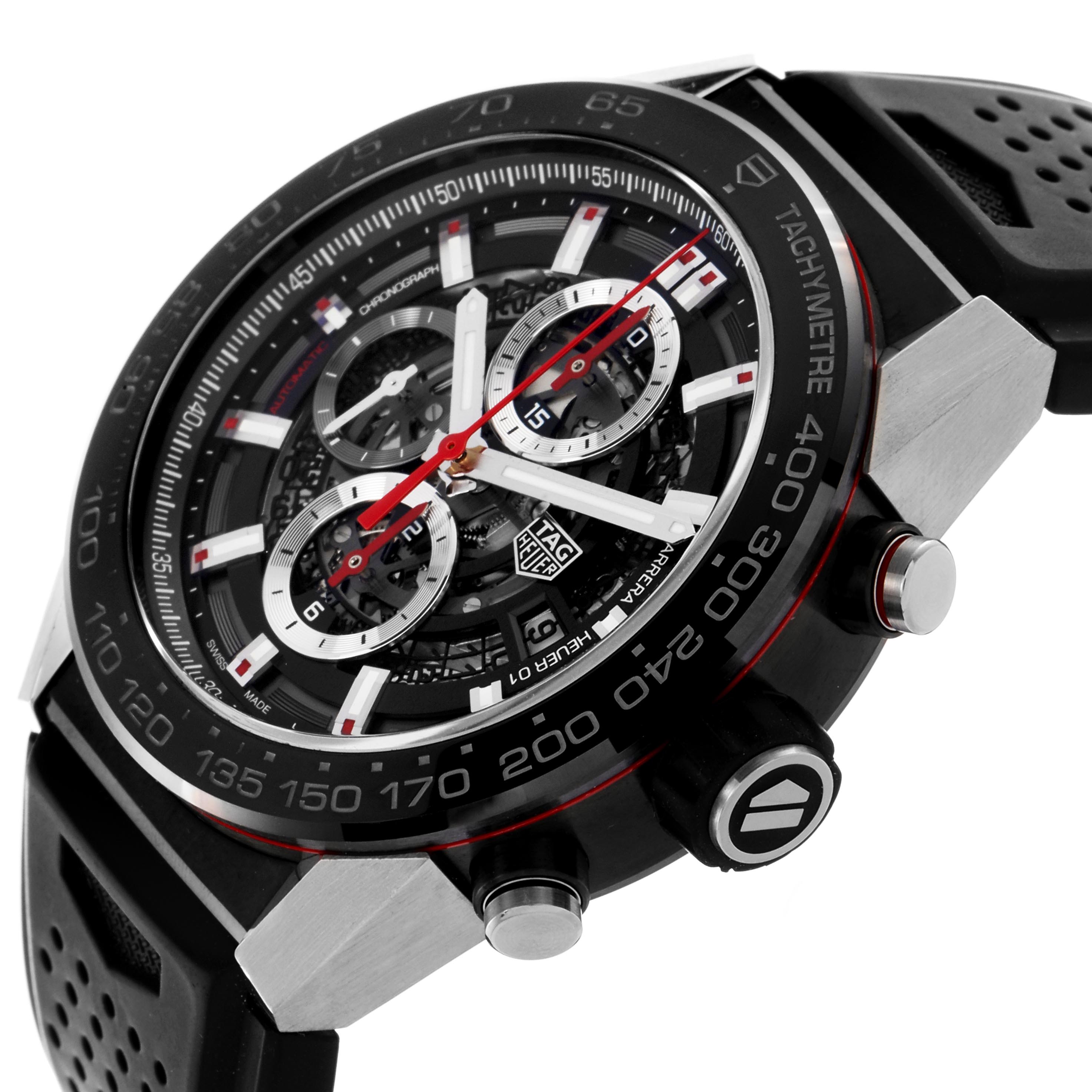 The Tag Heuer Carrera CAR2A1Z.FT6051 Men's Stainless Steel Black Dial CAR2A1Z.FT6051 Men's Stainless Steel Black Dial watch is shown at a side angle highlighting the face, tachymeter, and pushers.