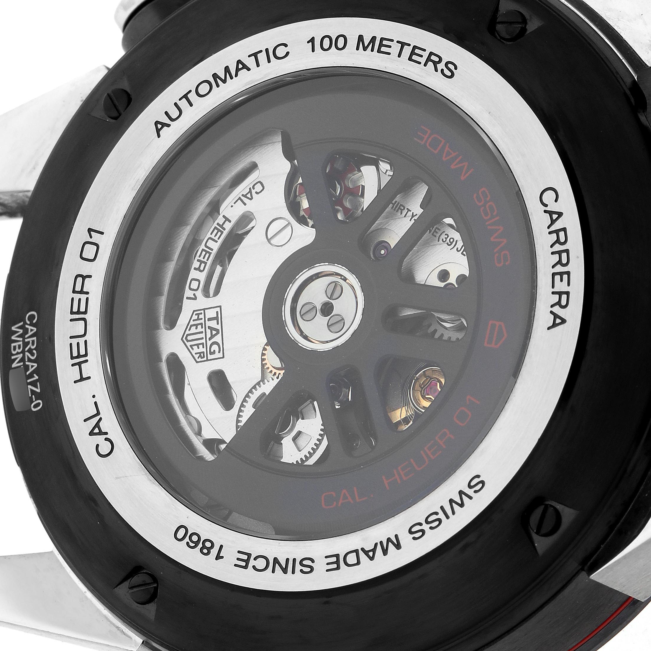 The image shows the back of a Tag Heuer Carrera CAR2A1Z.FT6051 Men's Stainless Steel Black Dial CAR2A1Z.FT6051 Men's Stainless Steel Black Dial watch, highlighting its automatic movement and water resistance details.