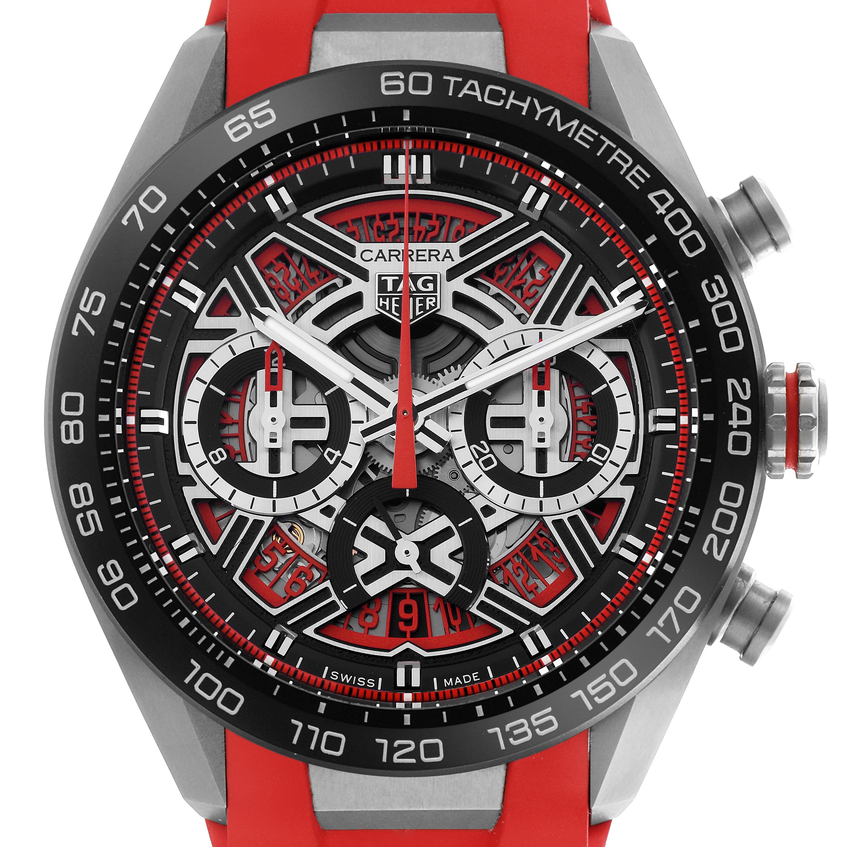 The image shows a Tag Heuer Carrera CBU2082 Men
s Titanium Red Dial CBU2082 Men
s Titanium Red Dial watch from the front, highlighting the dial, hands, bezel, and tachymeter scale.
