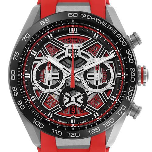 The image shows a front view of a Tag Heuer Carrera watch, featuring the face, bezel, and pushers.